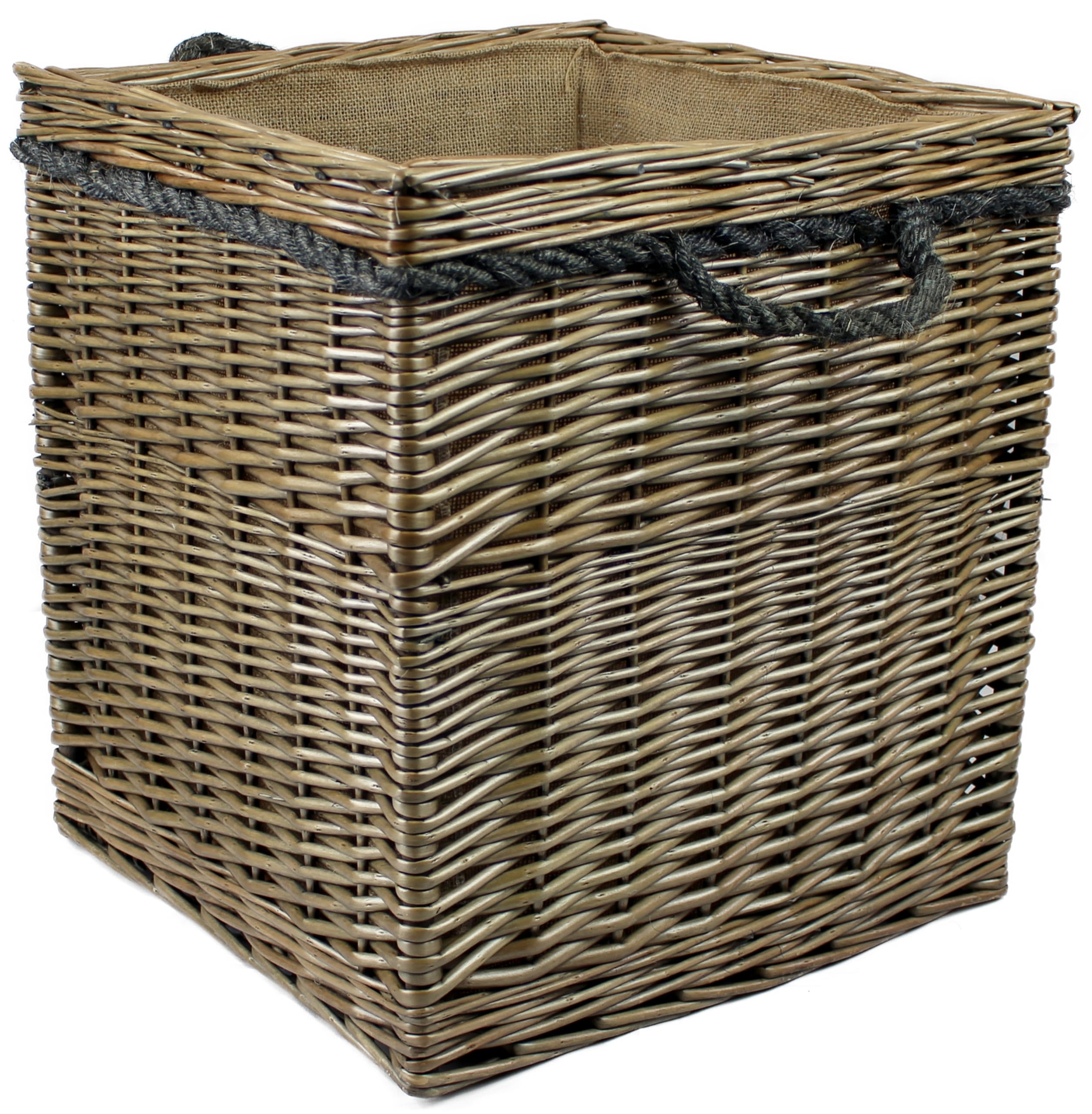 Range of large Antique grey Wicker log baskets. Rope handles. Wood & kindling storage for fireplace. Or shoes toys washing clothes bin (80 litres, Square)