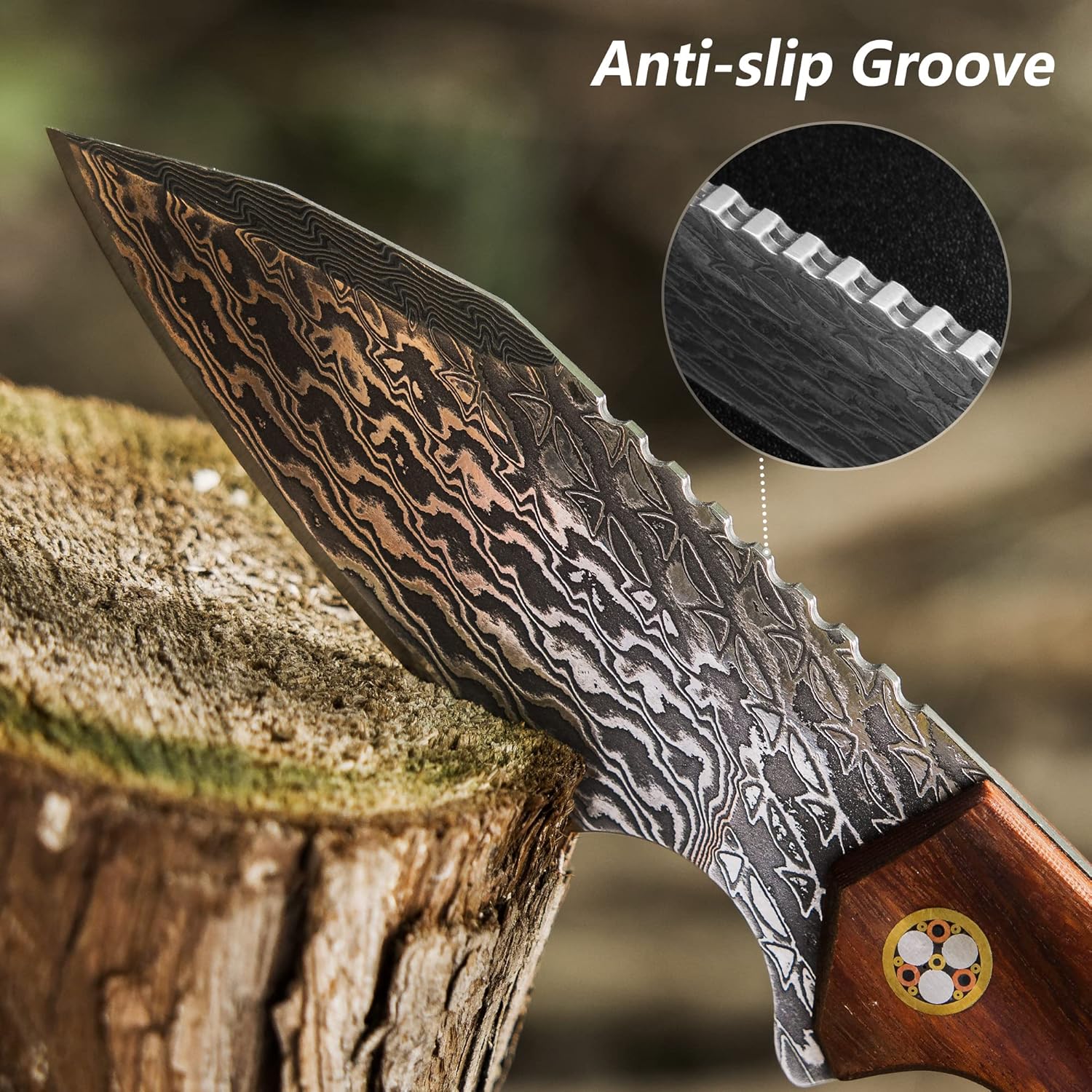 FLISSA 8-1/2 Inch Damascus Steel Hunting Knife, Fixed Blade Knife with Leather Sheath, Full-Tang Construction Survival Knife for Camping, Hiking and Outdoor Adventures, Rosewood Handle, Great Gifts for Husband, Wife, Mom and Dad - Image 5