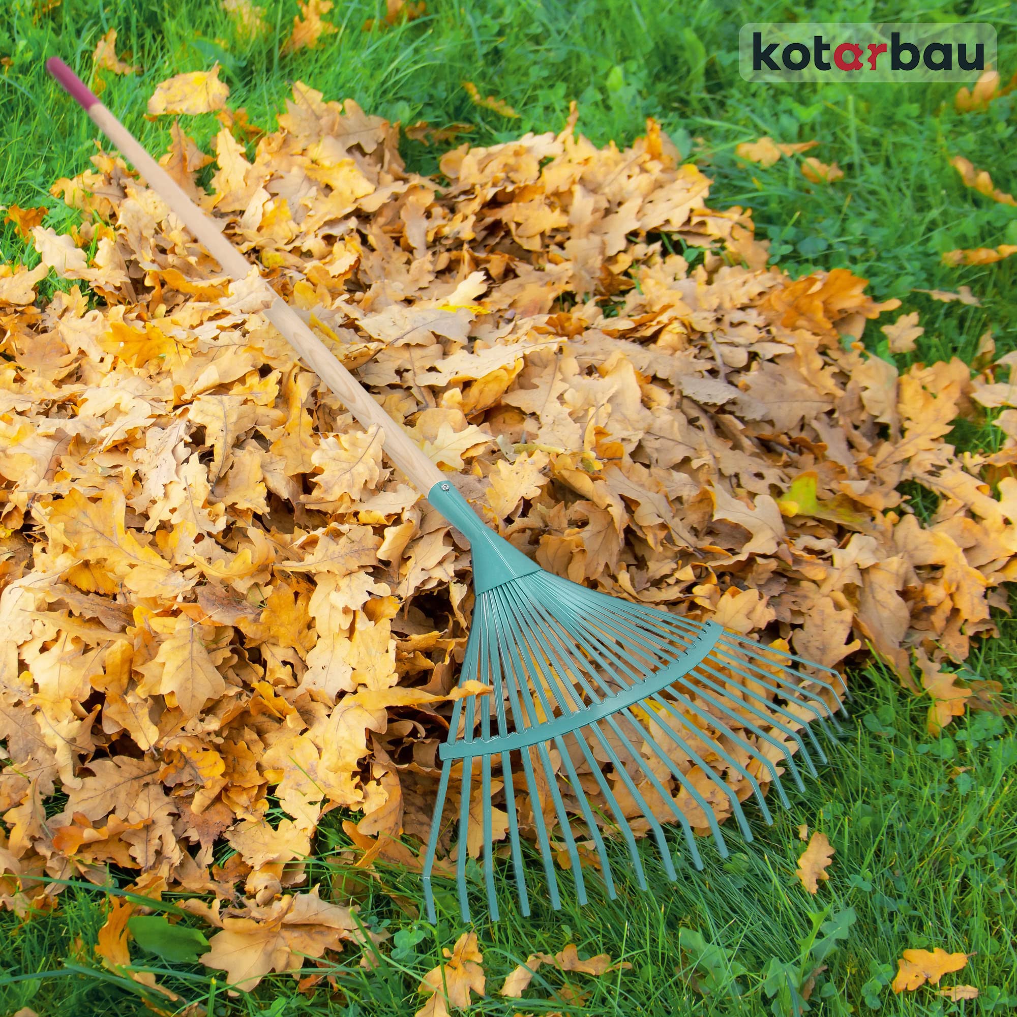 KOTARBAU® Rastrillo Jardín - Acero - 41 cm - Rastrillo Hojas Jardín - con Mango 187 cm - Herramienta Robusta para Jardinería - Turquesa y Madera Natural