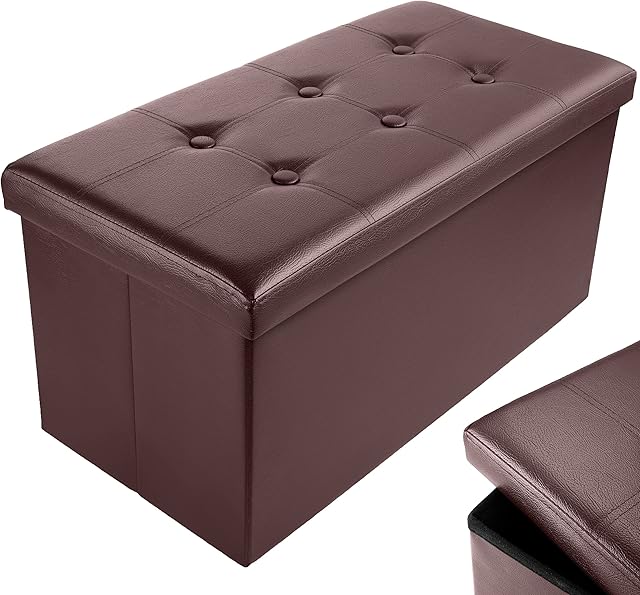 Nyxi Faux Leather 76 * 38 * 38cm Brown Ottoman Foldable Storage Boxes Seat Foot Stool Storage Box with Lids for Kids Toys, Bedroom, Hallway, Living Room