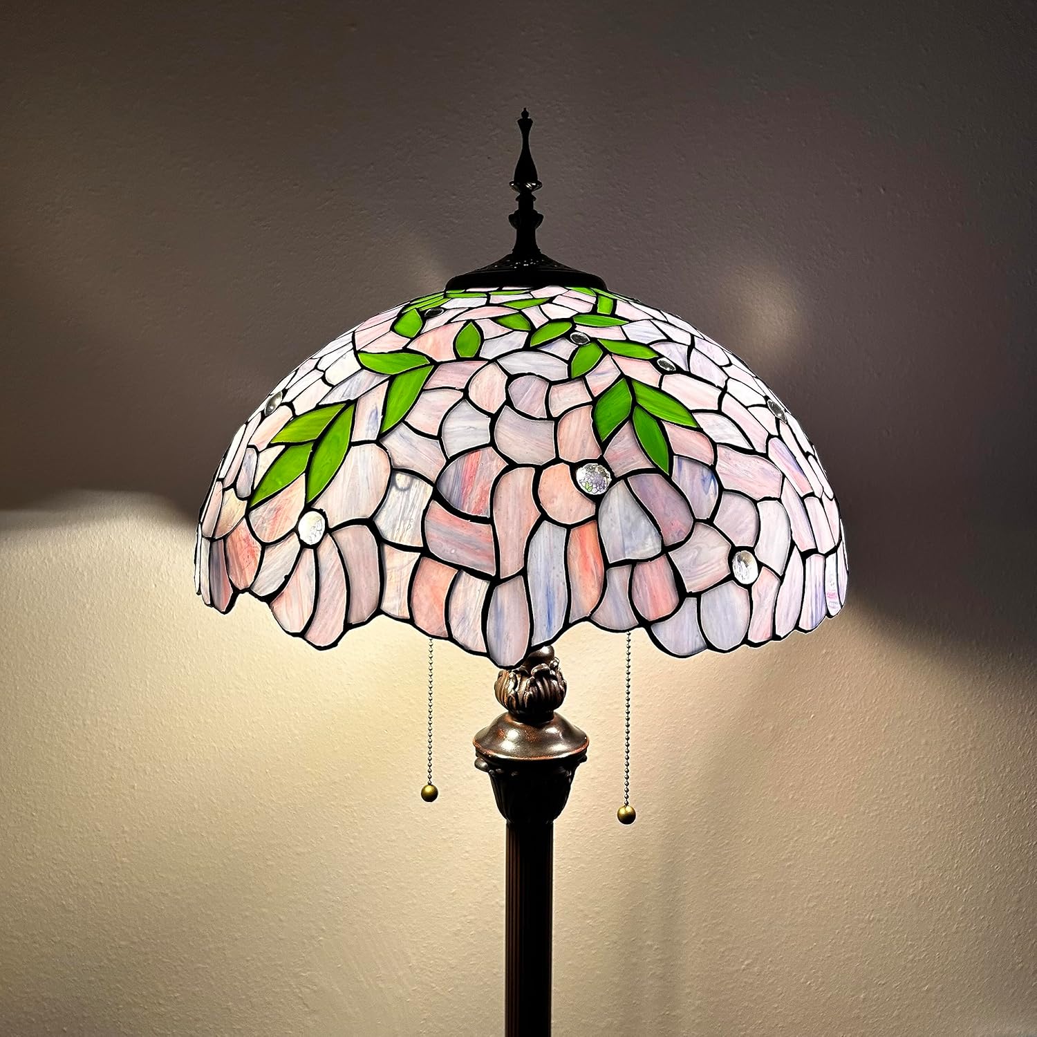 Purple Stained Glass Floor Lamp Green Leaves Metal Base LED Bulbs Included for Living Room Bedroom 16" W*16" D*64" H