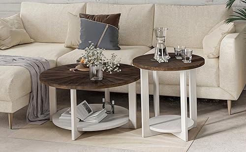 Miniatura 7 de Mesa auxiliar redonda de madera con almacenamiento, mesa decorativa rústica de granja con parte superior de madera envejecida, mesa circular para