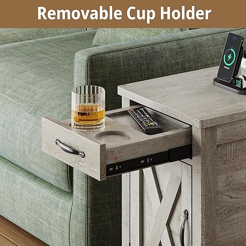 Miniatura 8 de IRONCK End Table with Charging Station, Narrow Side Table for Living Room, Night Stand Set of 2 with Drawer and Cup Holder, Farmhouse Bedside Table