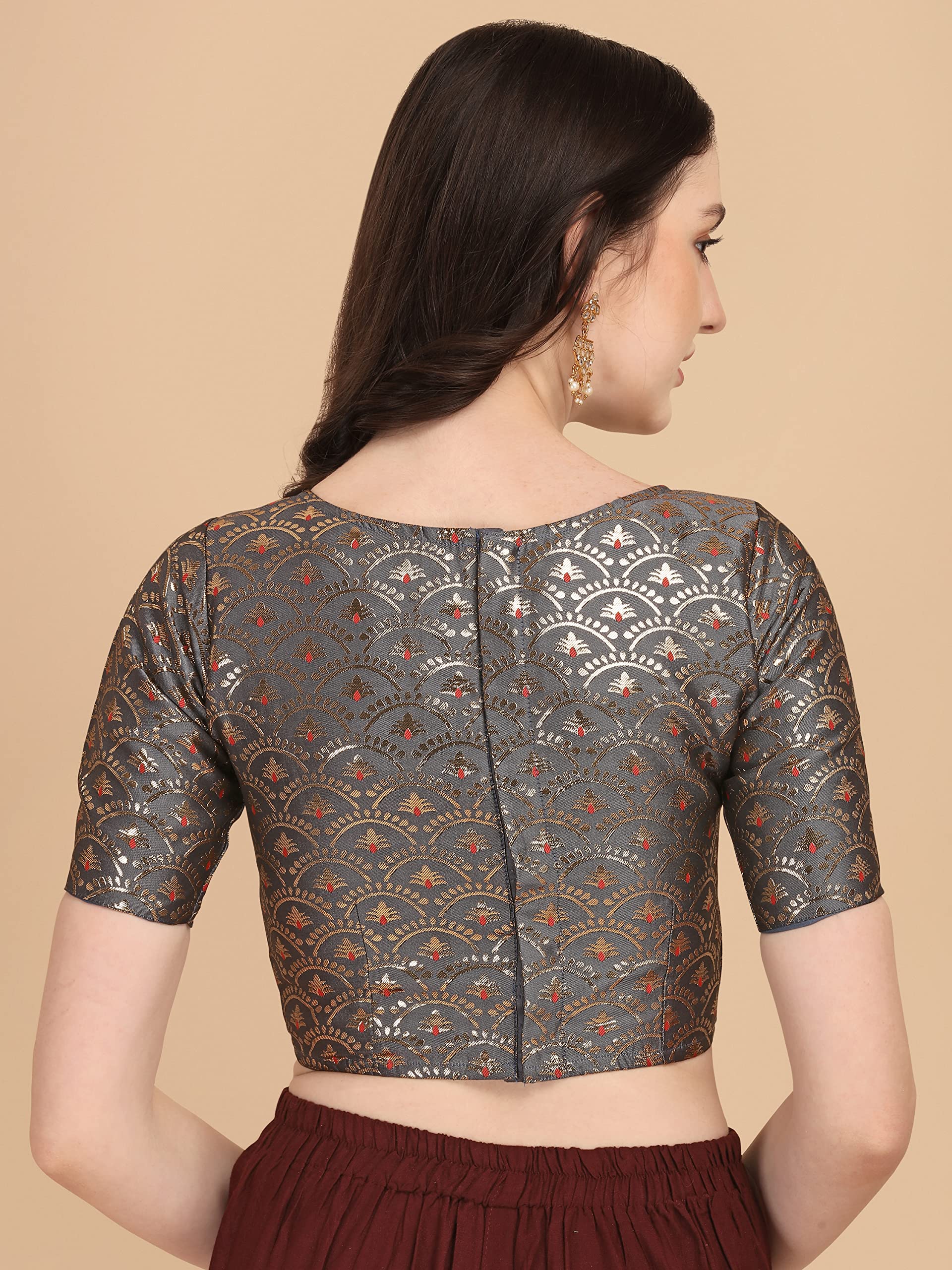 Oomph Women's Indian Ethnic Wear Designer Zari Work Boat Neck Half Sleeve Cloud Grey Color Blouse For Saree Or Lehnga And Palazzos Or Skirts For A Fusion Twist.