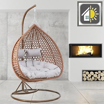 Luxury Hanging Rattan Double Egg Chair Indoor & Outdoor Garden Swing Chair Cocoon Relaxing Hammock with Cushions - FREE COVER INCLUDED  Double, Brown - Brown - Grey