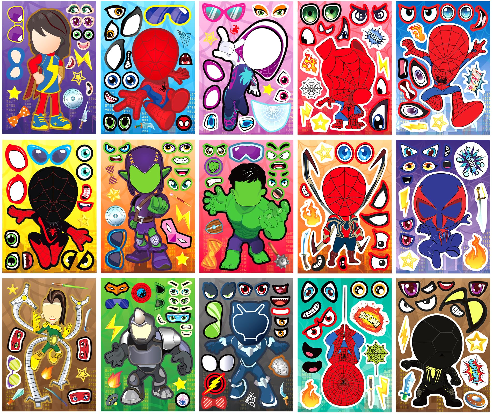 Kooterfun Spidey & Hero Stickers for Kids Crafts -30 Sheets Different Make a Face Spider-Man Sticker，Birthday Party Favor Supplies and Toys Gifts