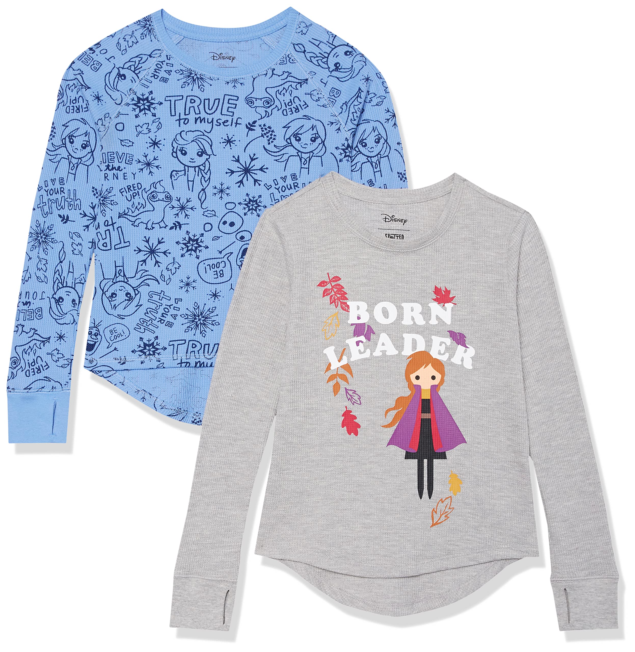 Amazon Essentials Disney | Marvel | Star Wars | Frozen Girls' Long-Sleeve Thermal T-Shirts, Pack of 2, Frozen 2 Born Leader, Small