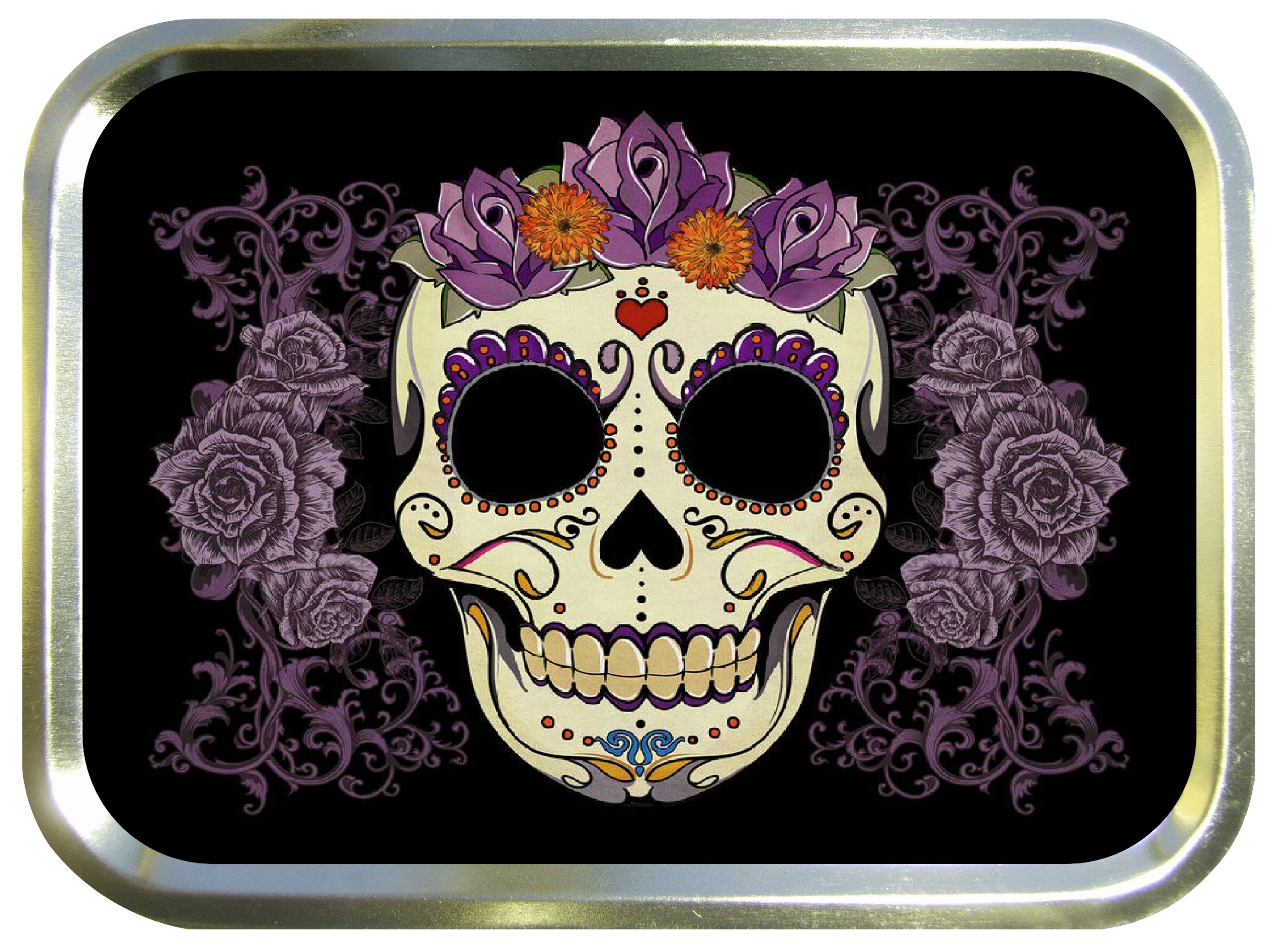 DAY OF THE DEAD PURPLE ROSE 2oz GOLD TOBACCO TIN,BACCY TIN,PILL TIN,FISHING TIN,SEWING TIN