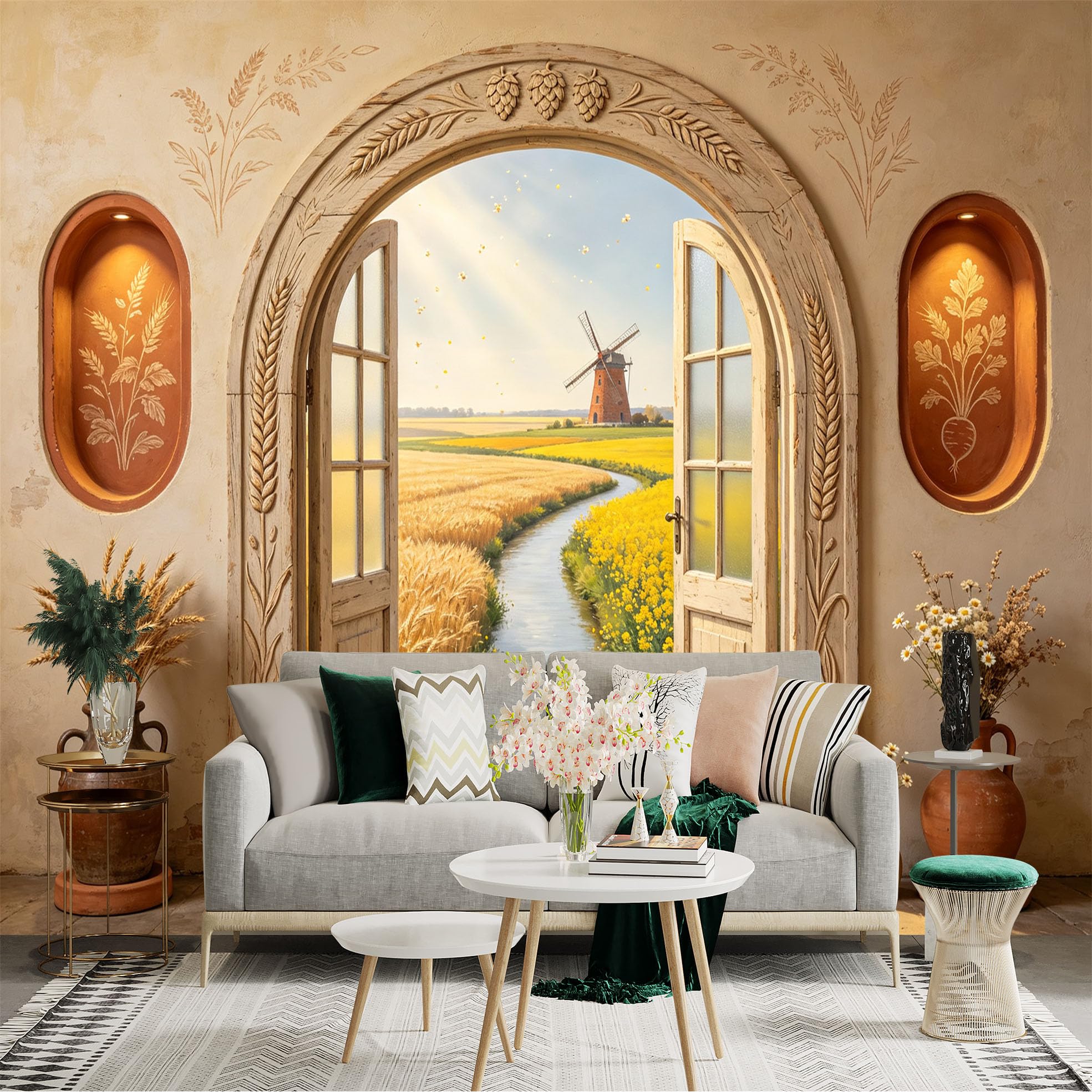 Custom Size Wall Sticker Mural， Rustic Countryside Window View， Wheat Field and Windmill， for wall Decoration， peelandstick wall Decals.