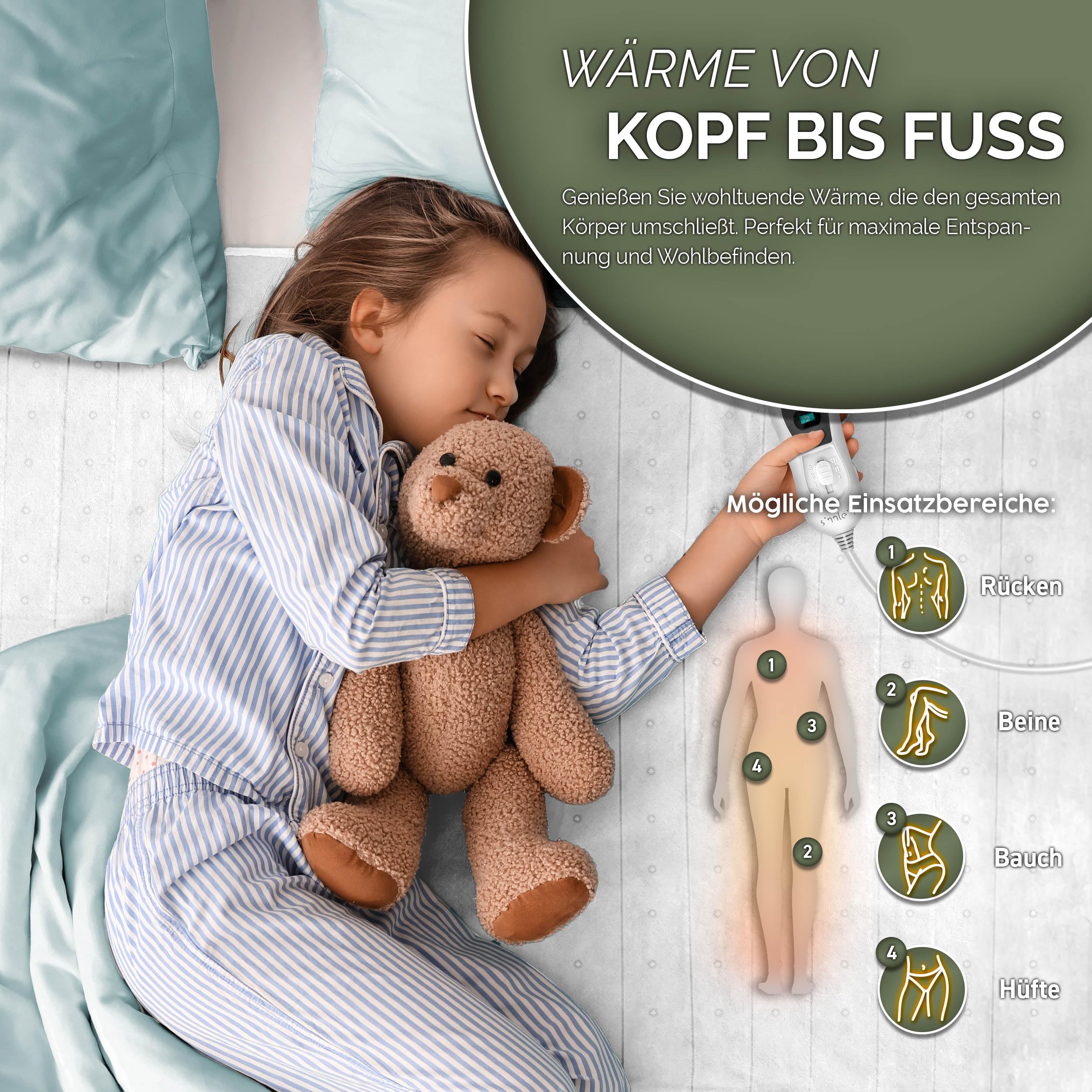 sinnlein Wärmeunterbett 150x80cm mit Abschaltautomatik | Heizdecke mit 3 Temperaturstufen | Wärmebettunterlage fürs Bett | Wärmedecke aus weichem Vlies