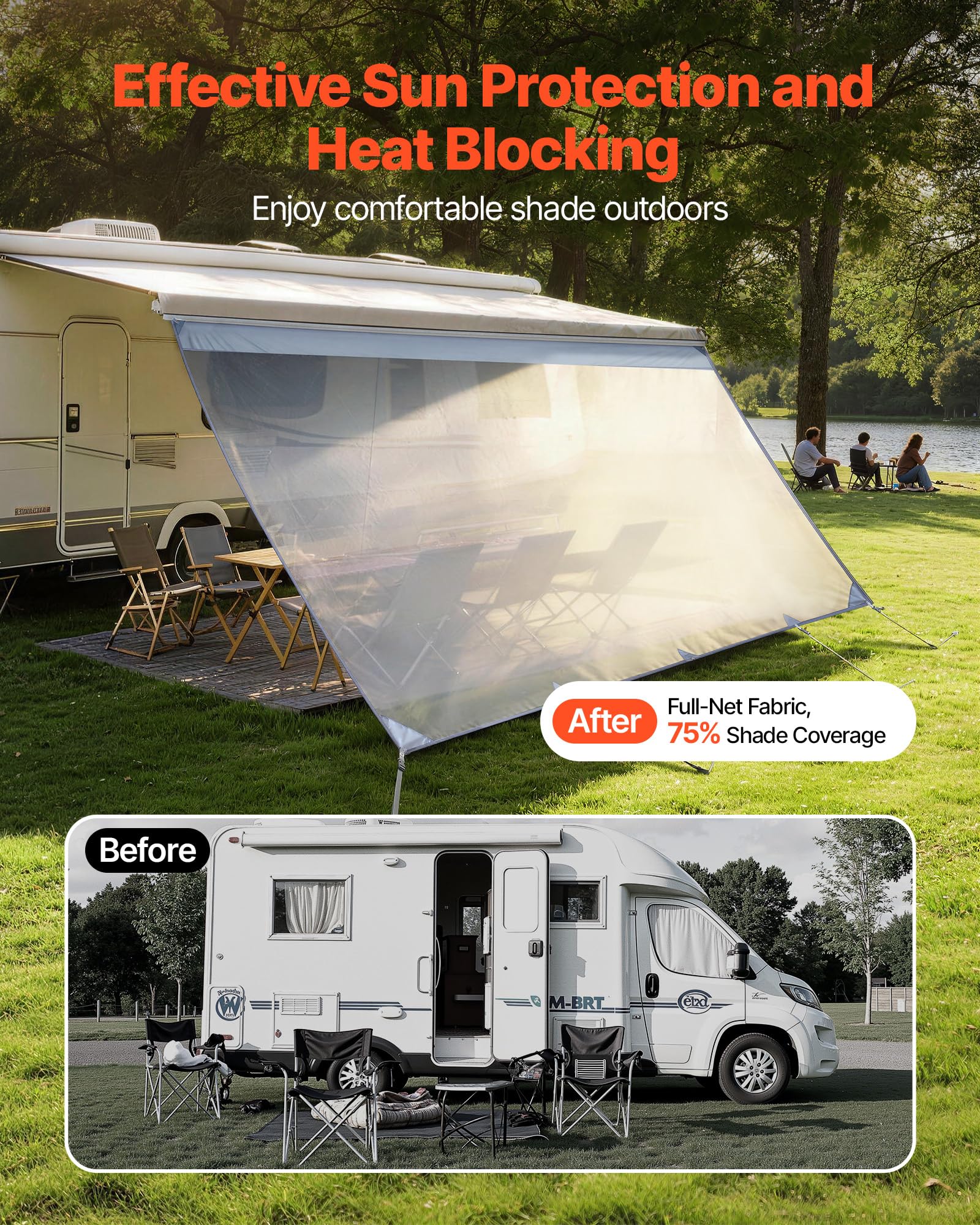 VEVOR Pannello Laterale Frangisole in Poliestere Trasparente Parete Frontale per Camper Roulotte 2x4,3m Compatibile per Tenda da Sole 4,5m