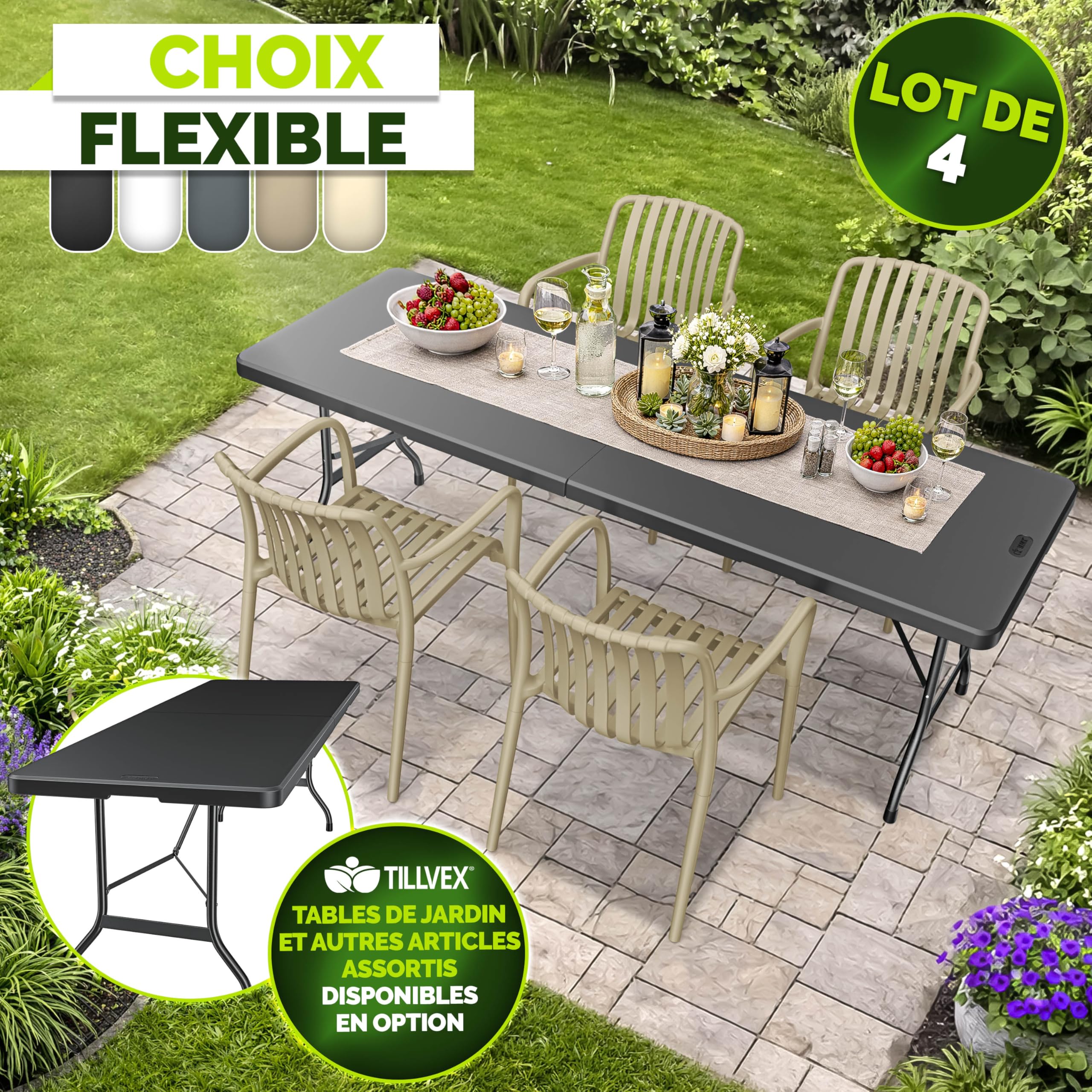 tillvex Lot de 4 chaises de Jardin, empilables, résistantes aux intempéries, avec accoudoirs, Charge maximale : 120 kg, pour extérieur, Balcon, Jardin, terrasse