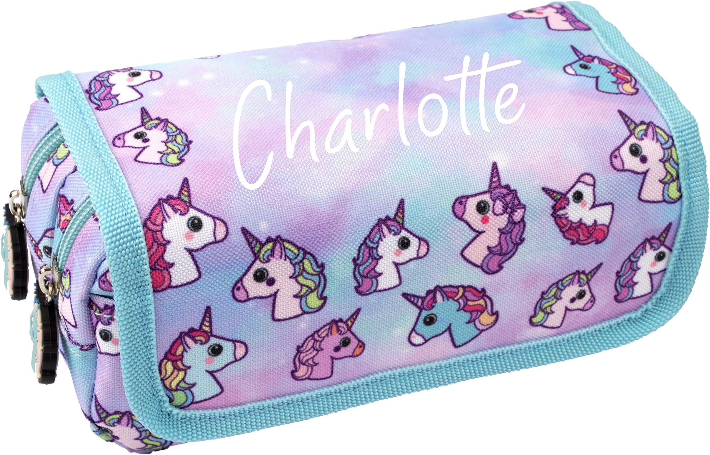 Fringoo Personalised Kids Pencil Case 2 Compartment Large Stationery Pouch School Accessories Organiser Funny Cute School Pencil Case for Girls Boys (Pastel Unicorns)