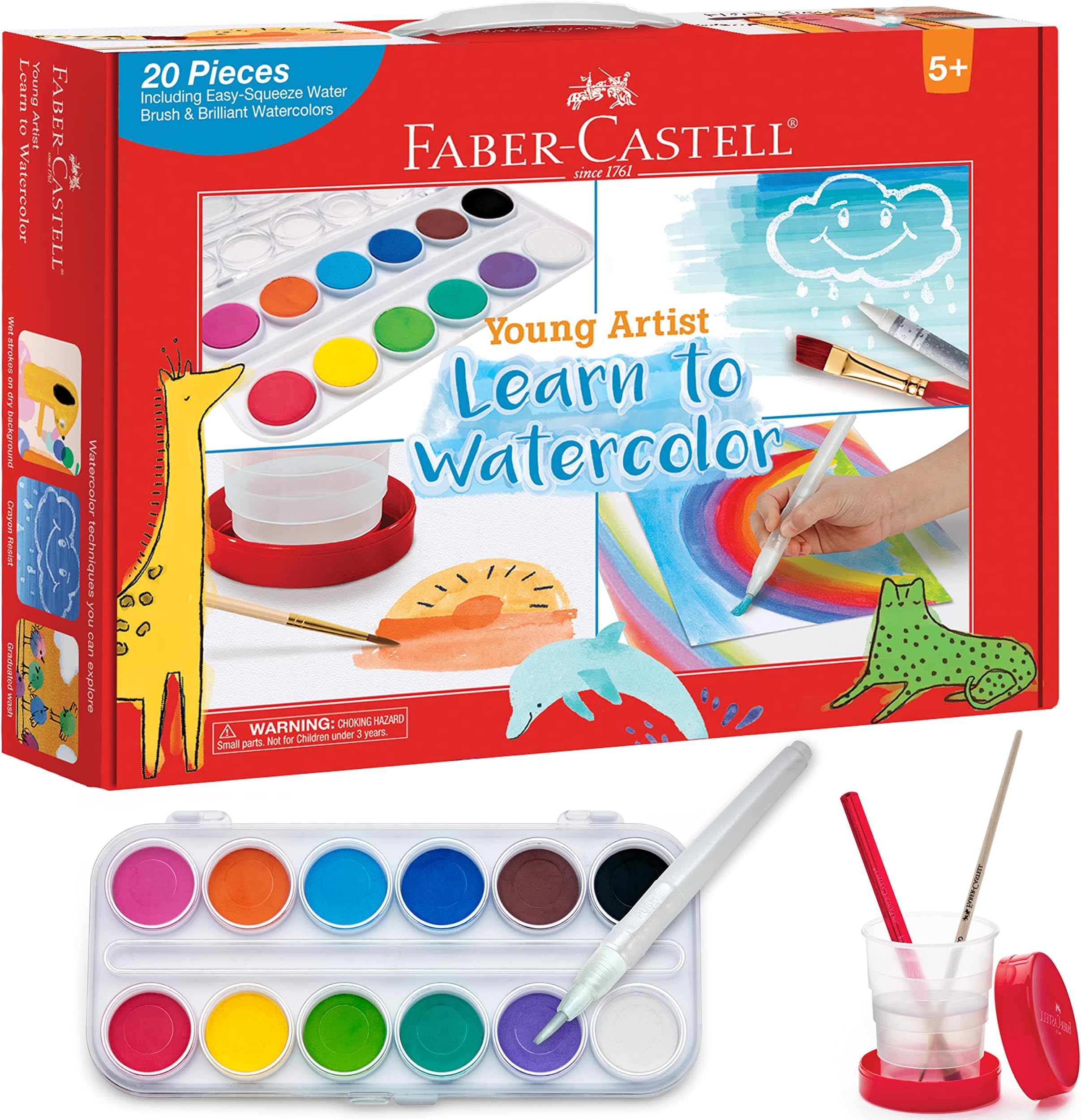 Faber-Castell Learn to Watercolor Set - Complete Watercolor Paint and Paper Beginner Set - Washable Paint Set for Kids