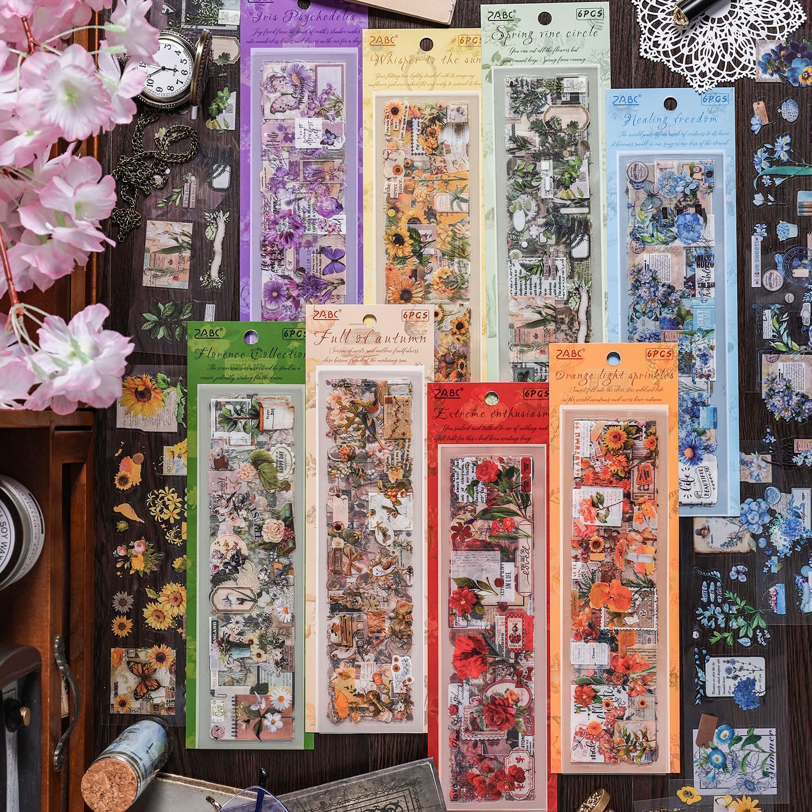 YagCu 48 Sheets 8 Colors Floral Botanica Journaling Stickers