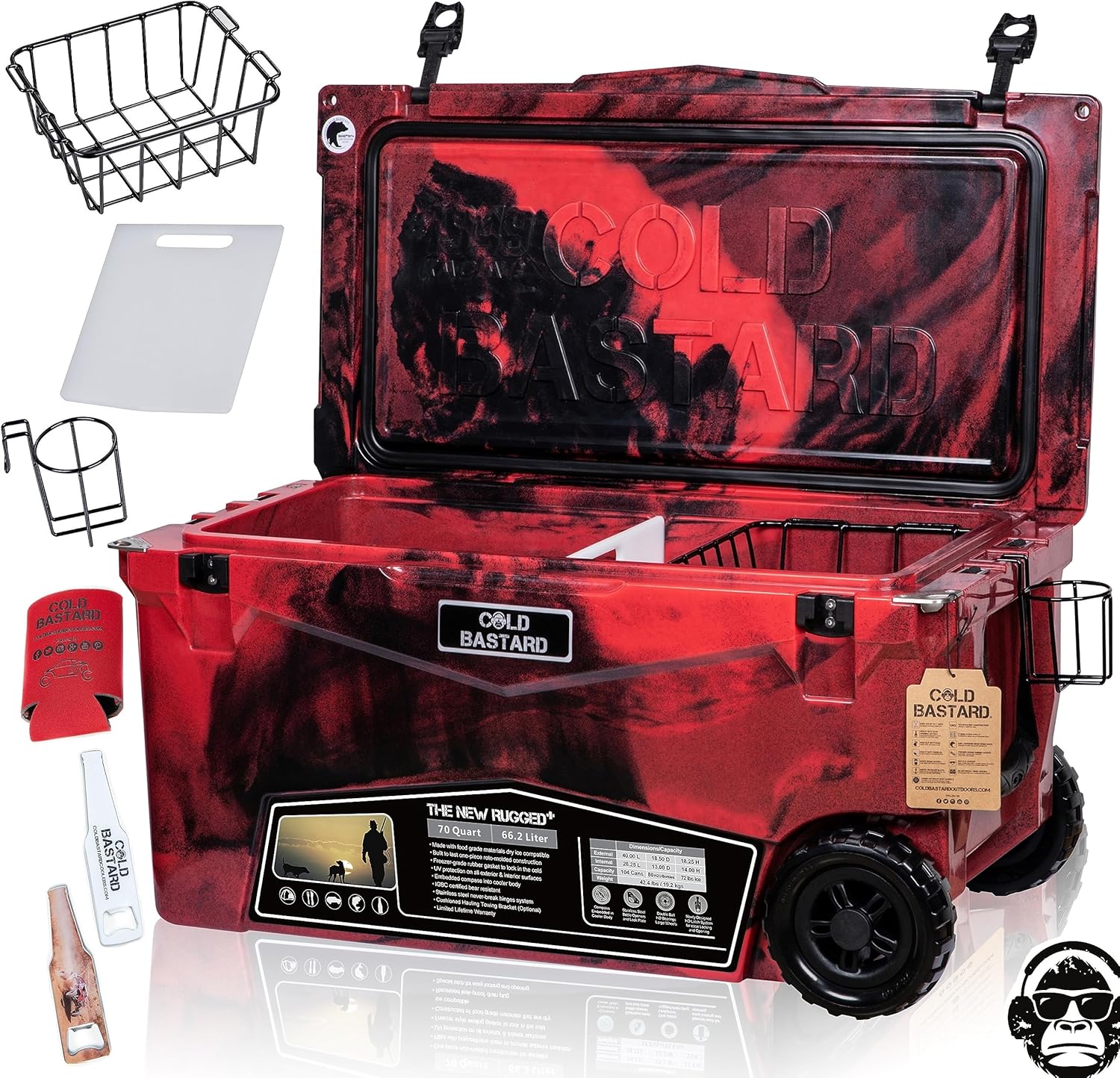 COLD BASTARD COOLERS 70QTW Rugged+ CAMO Red Large Wheels The Best Premium Ice Chest Cooler Accessories Free S&H (CB70W-CR)