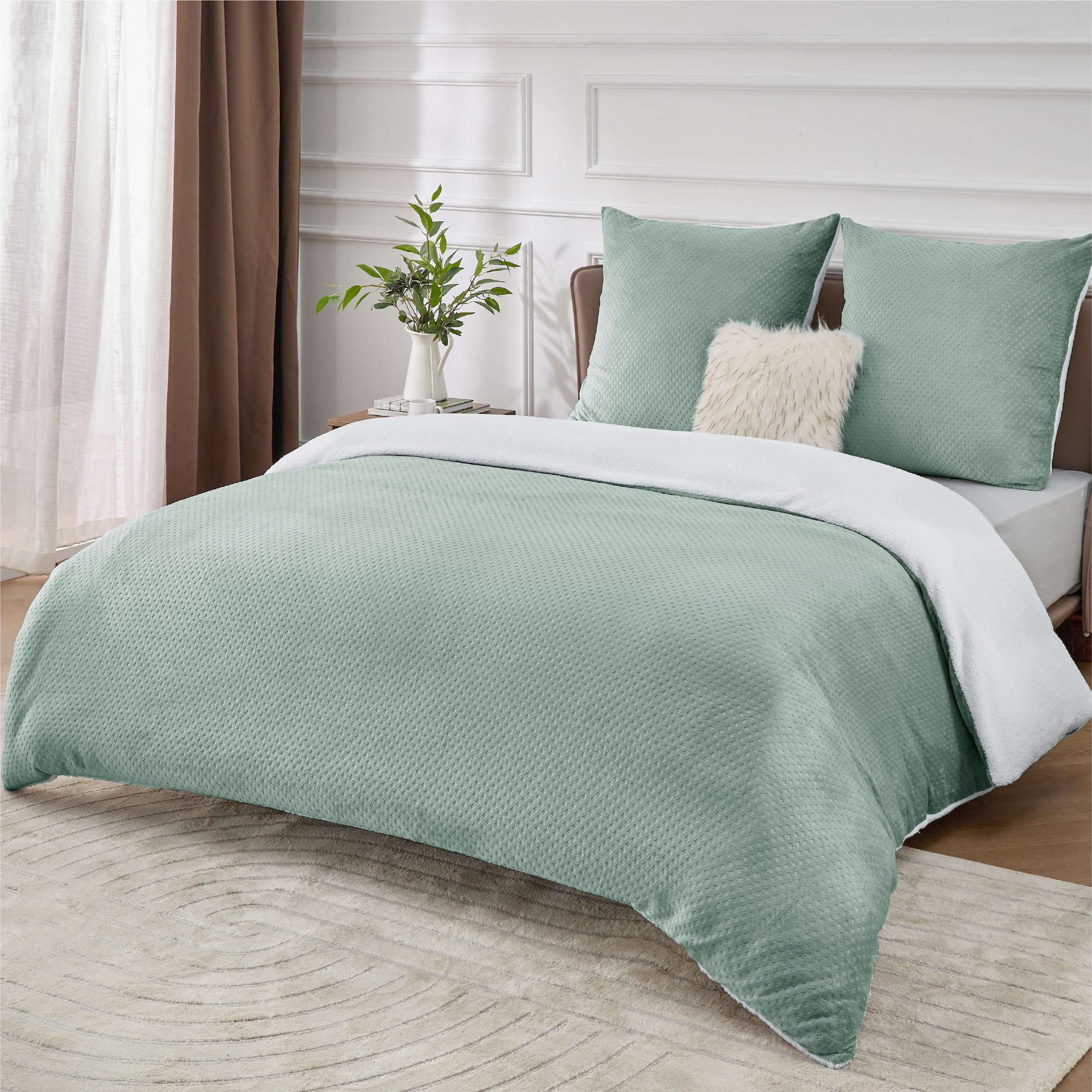 Bedsure Ropa de cama mullida de 155 x 220 cm, verde, funda nórdica de invierno de forro polar con 2 fundas de almohada de 80 x 80 cm, cálida con cremallera, de invierno
