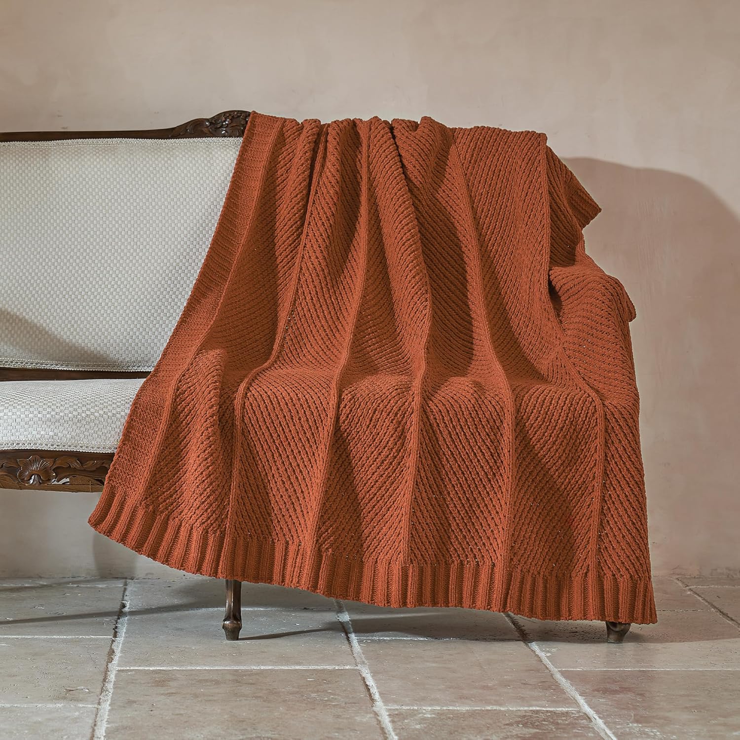 Amélie Home Cable Knit Throw Blanket, Burnt Orange Chenille