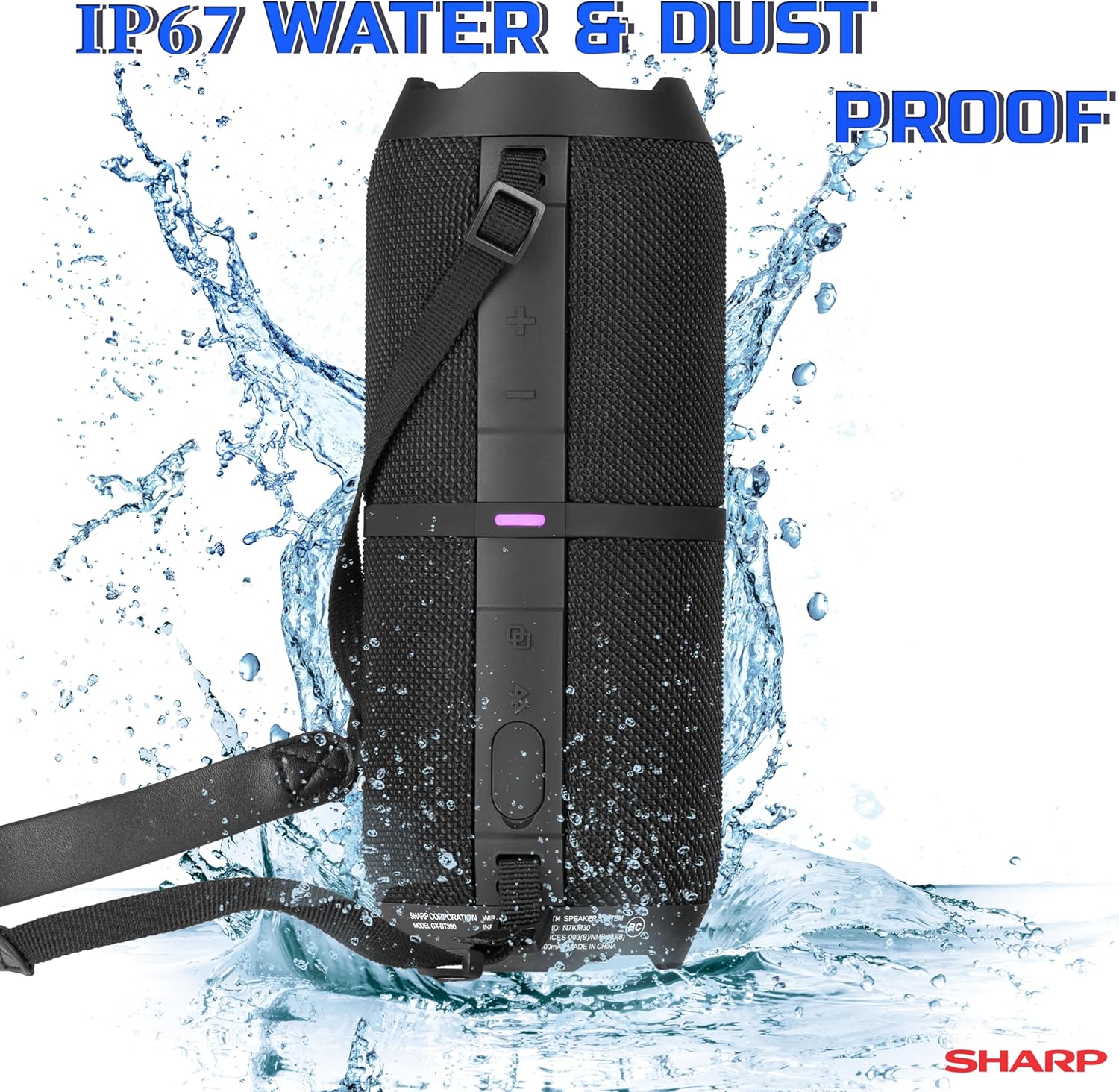 Graphic illustrating Sharp GX-BT390 features: Hands-Free Call, LED Light Effect, IP67, 10 Hour Playtime, 30W Power, Bluetooth