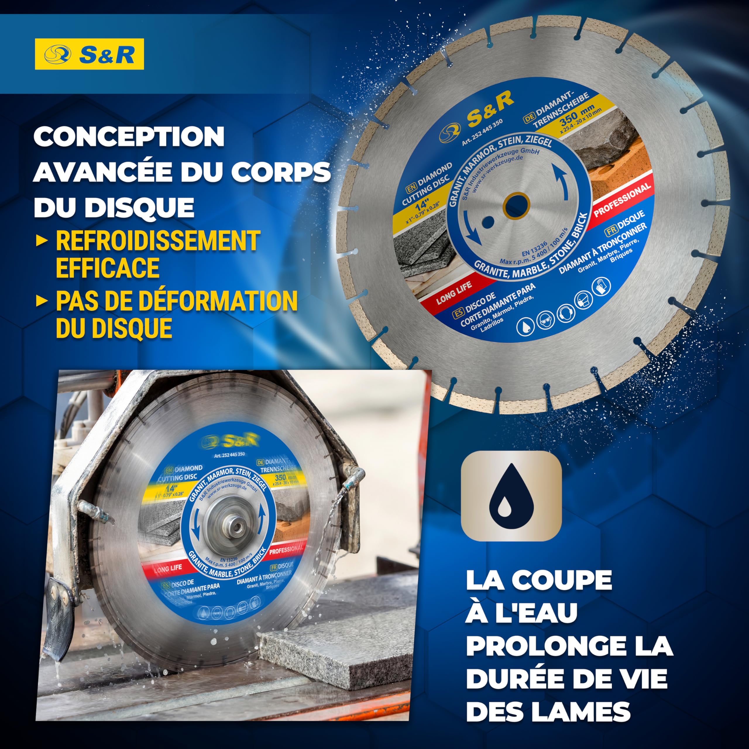 S&R Disque Diamant 350 à Tronçonner Granit, Béton, Marbre, Maçonnerie, Briques. Lame de coupe à segments professionnelle pour meuleuse et scie de table