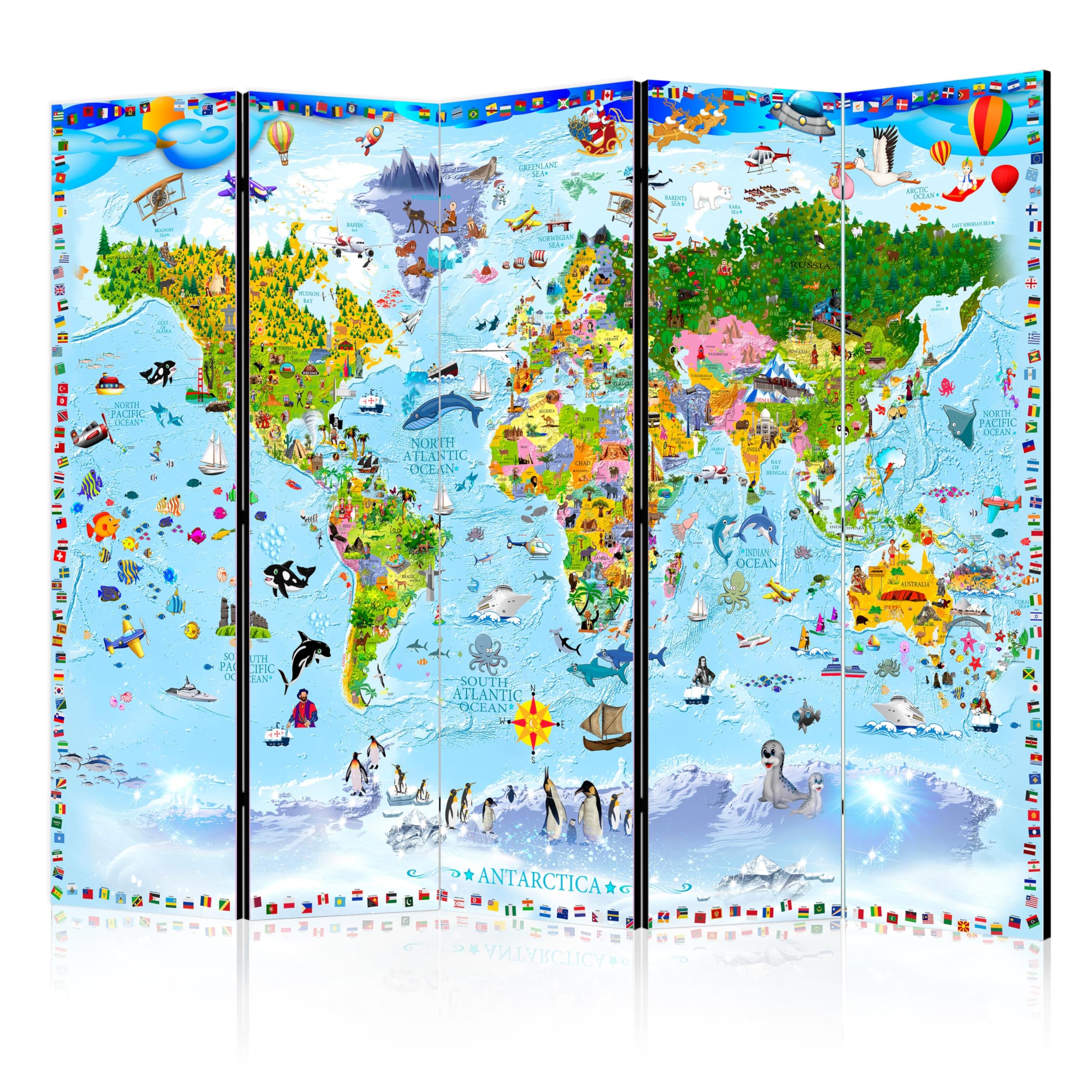 murando Decorative Room Divider World map Children 225x172 cm / 89"x68" Double-Sided Folding Screen 5 Panels Room Partition Non-Woven Canvas Print Opaque Photo Display e-A-0102-z-c