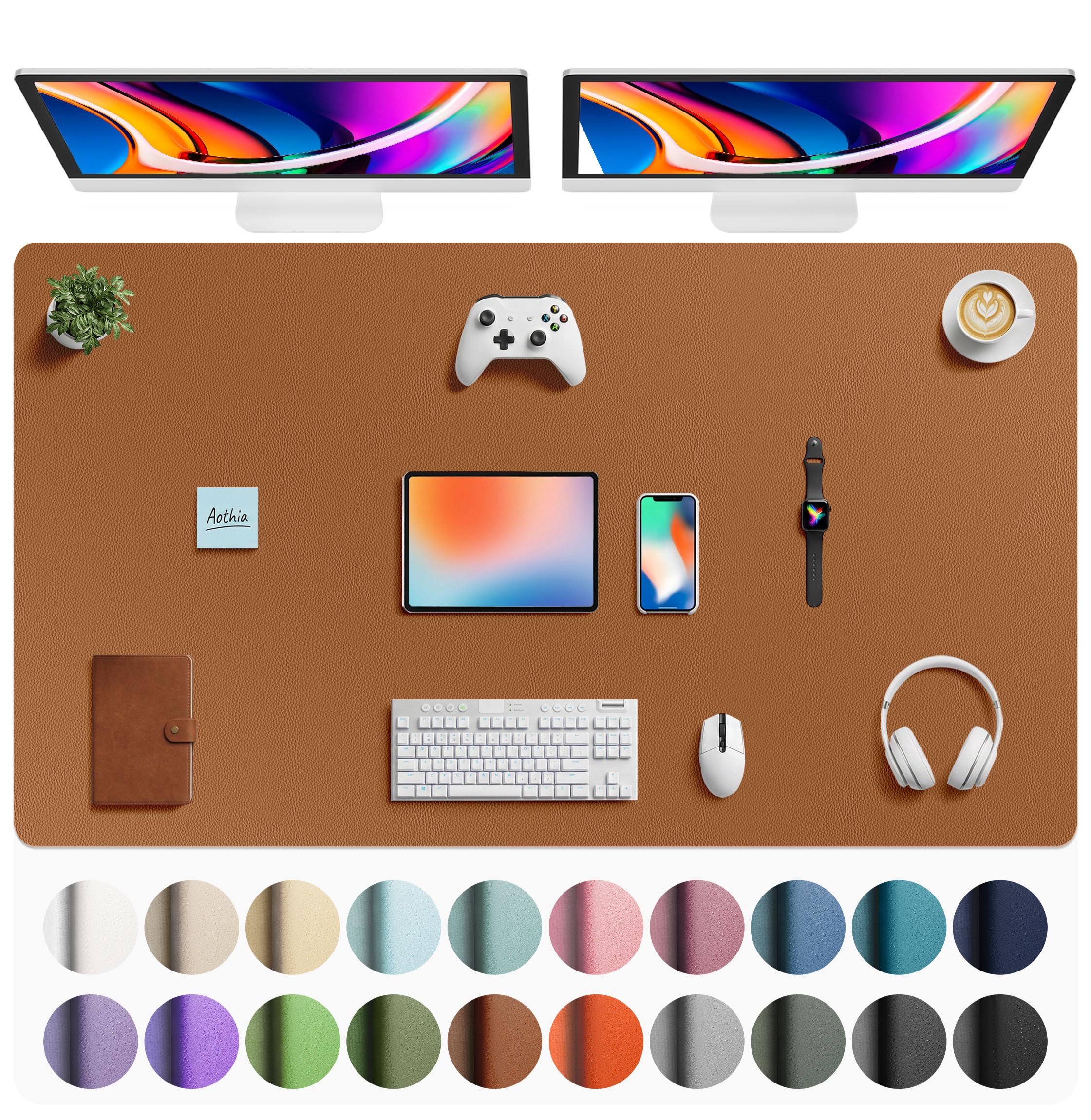 Aothia Faux Leather Desk Mat - Large Mouse Pad, Non-Slip PU Leather Blotter, Waterproof Writing Surface for Office and Home (Brown, 63" x 24")