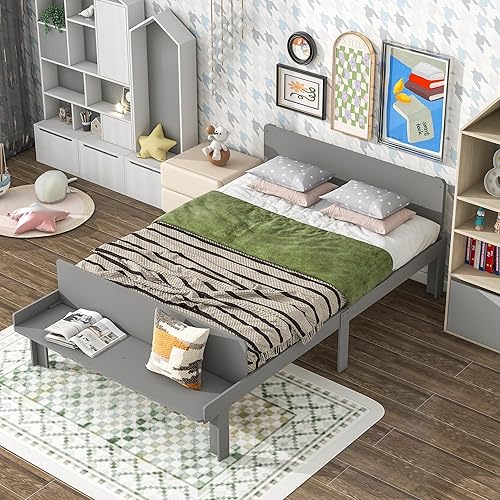 Miniatura 3 de DEINPPA Cama para niños, cama de plataforma de tamaño matrimonial con banco de estribo, marco de cama de madera con banco, no necesita somier, fácil