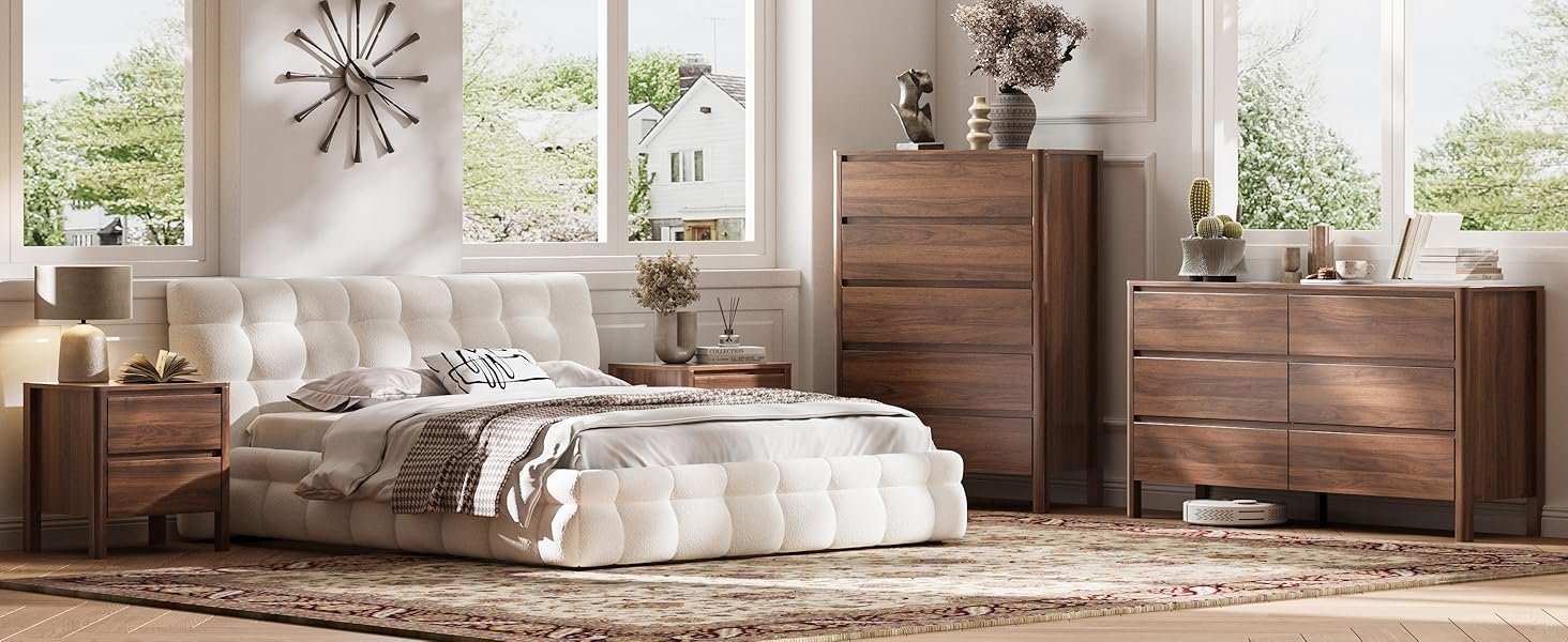 MAISONARIA Walnut 3-Piece Dresser Bedroom Set, 6 Drawers Dresser & 2 Drawer Nightstands with Hidden Handles, Wood Chest of Drawers for Bedroom, Living Room, Entryway : Home & Kitchen