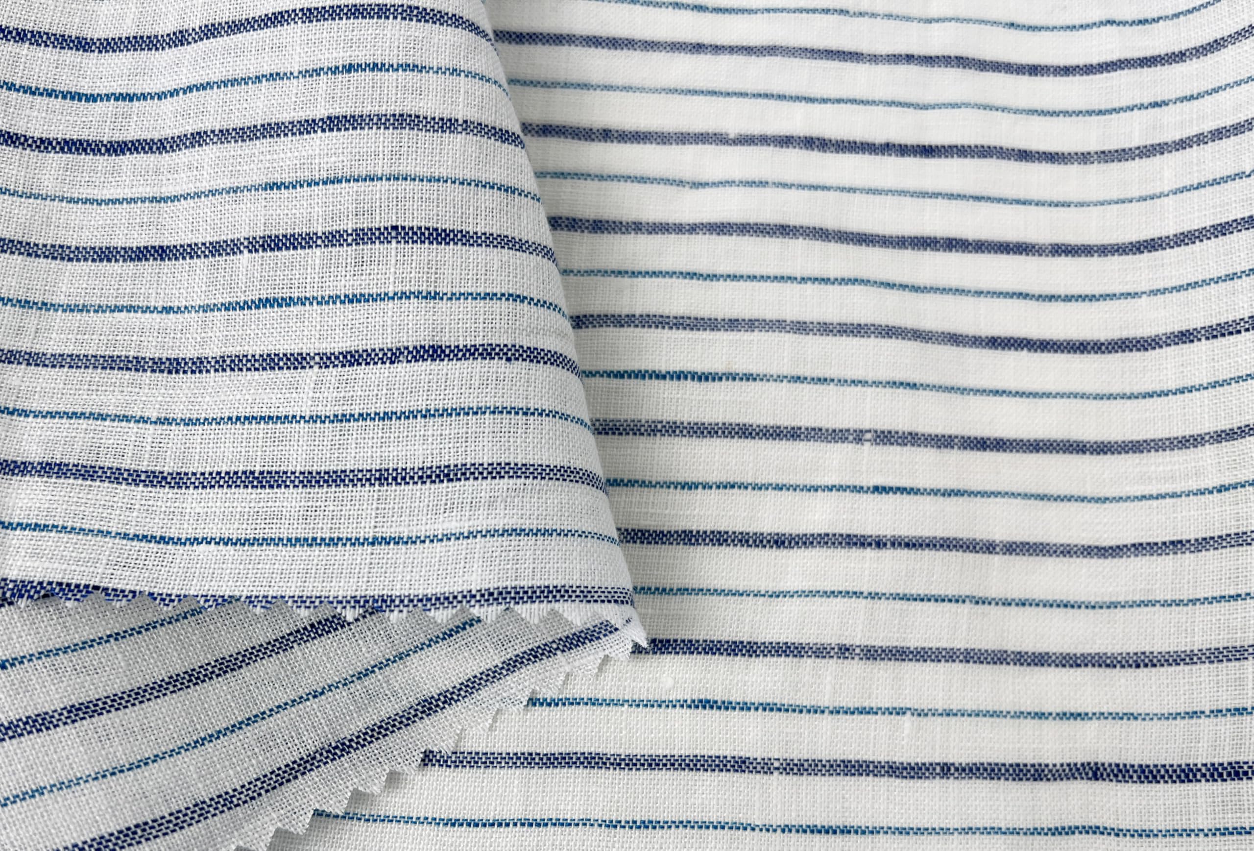 Photo 1 of 100% Linen Fabric – Lightweight Prewashed – Horizontal Stripe Patterns – Precut Style – Soft & Breathable – 52” Width – by The Linen Lab (Blue 4772, 1 Yard pre Cut)