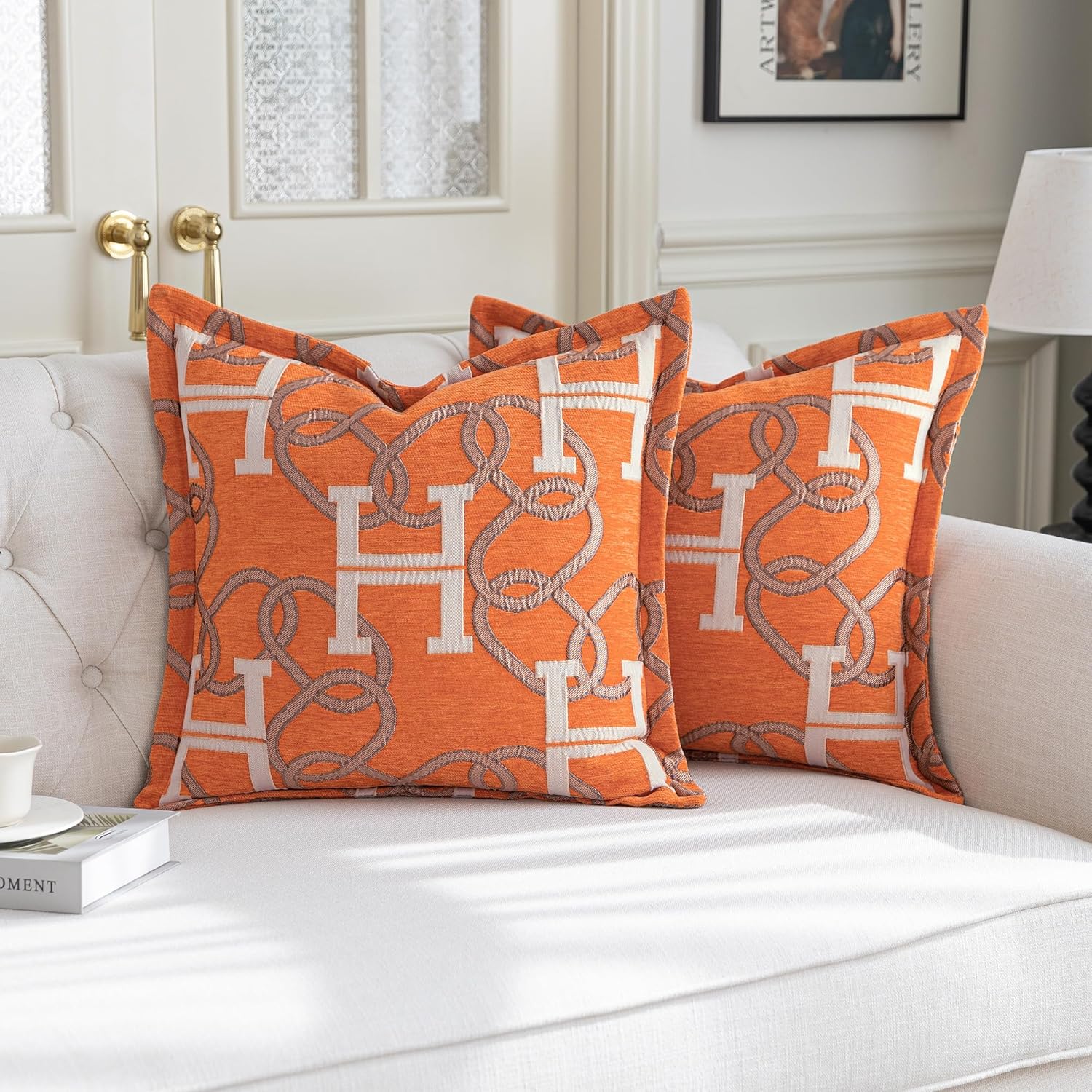 Modern Letter H Throw Pillow Covers 20x20 Inches, 1-Piece Chain Pattern Jacquard Decorative Pillow Cover, Luxury Chic Decor Soft Chenille Pillowcase for Couch Sofa Living Room Chair(Orange)