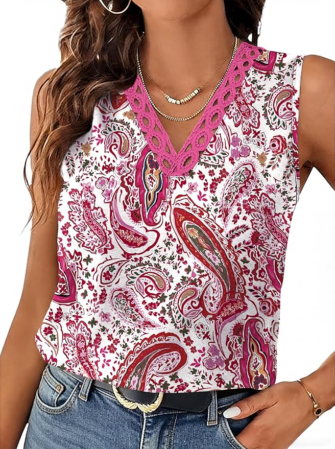 Sipaya Tank Top for Women Trendy Beach Vacation Clothes Lace Tops for Women V Neck Summer Outfits Sleeveless Boho Tops