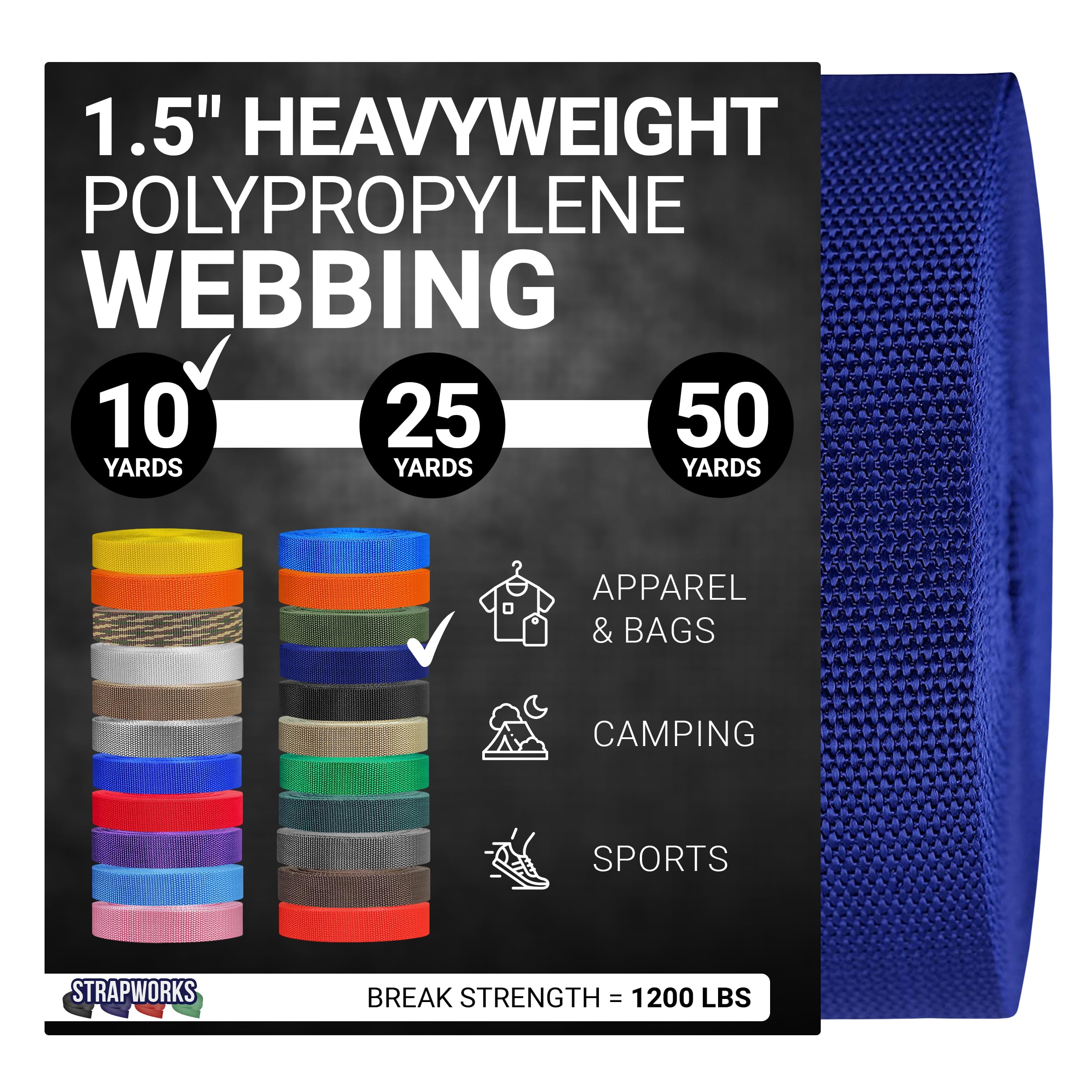 Strapworks Heavyweight Polypropylene Webbing - Heavy Duty Poly Strapping for Outdoor DIY Gear Repair, 1.5 Inches
