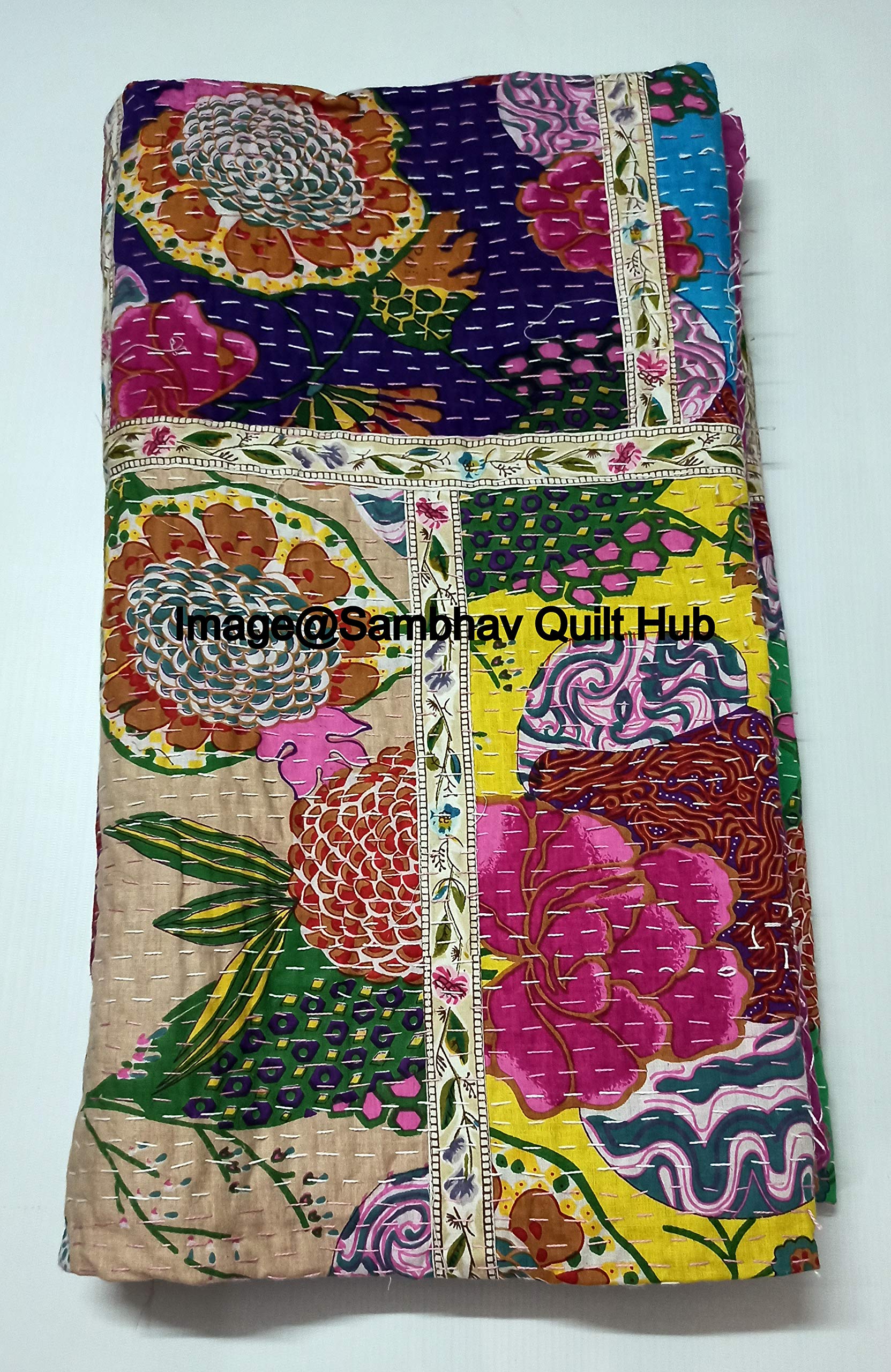 Manta reversible con estampado floral de remiendo de frutas y menos impresión, colcha de Kantha india, colcha de Kantha con costuras étnicas, bohemia, estampado floral Kantha (300 x 208 pulgadas)