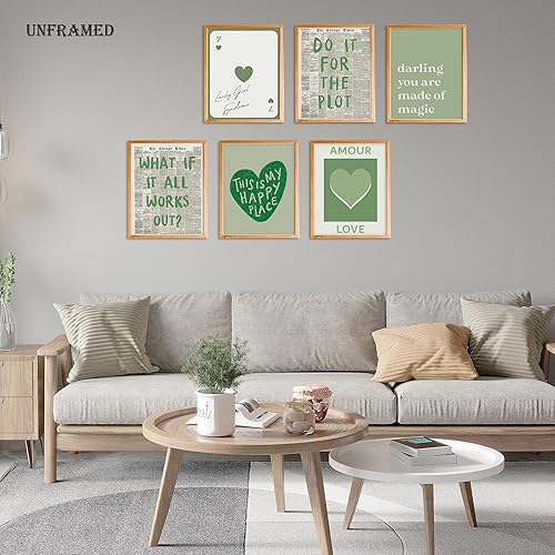 Miniatura 2 de BearCake Juego de 6 arte de pared retro verde preppy sin marco, decoración estética de habitación de preppy, decoración de habitación rosa,