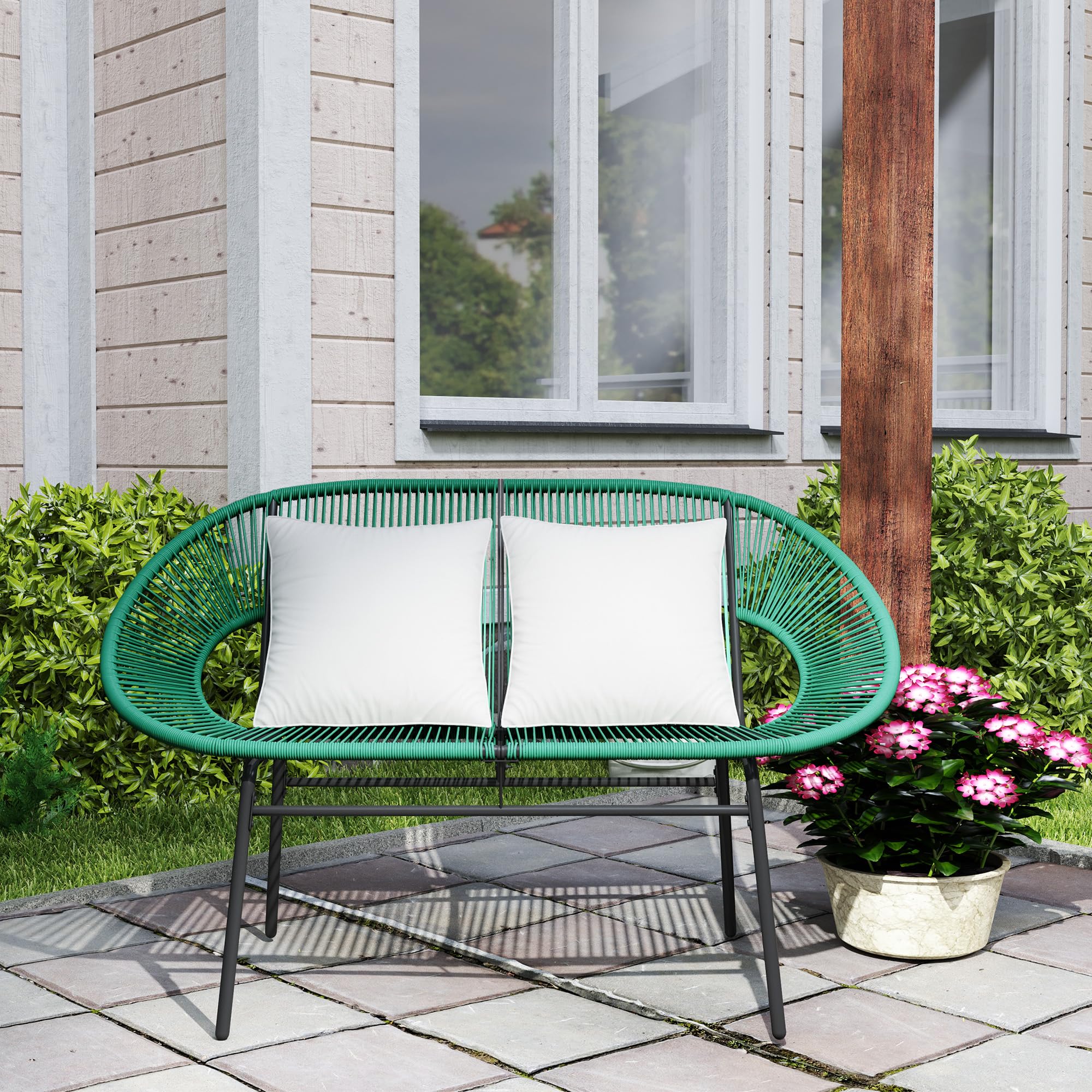 Outsunny Sofá de jardín de 2 plazas en ratán PE, sofá de Exterior con Cojines, reposabrazos y Estructura de Acero, Banco de Exterior, para terraza y Patio, 132 x 72 x 83 cm, Verde Oscuro