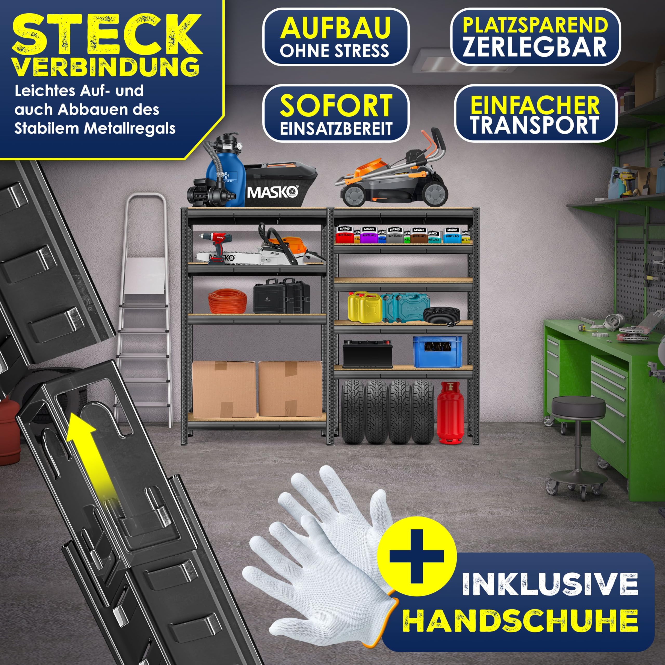 MASKO® Schwerlastregal Lagerregal Kellerregal 180x160x60cm, 1500kg belastbar, 5 verstellbare Ablagen, MDF-Platten Regal aus Metall, Steckregal, Werkstattregal Stahlgestell Garage Werkbank Schwarz