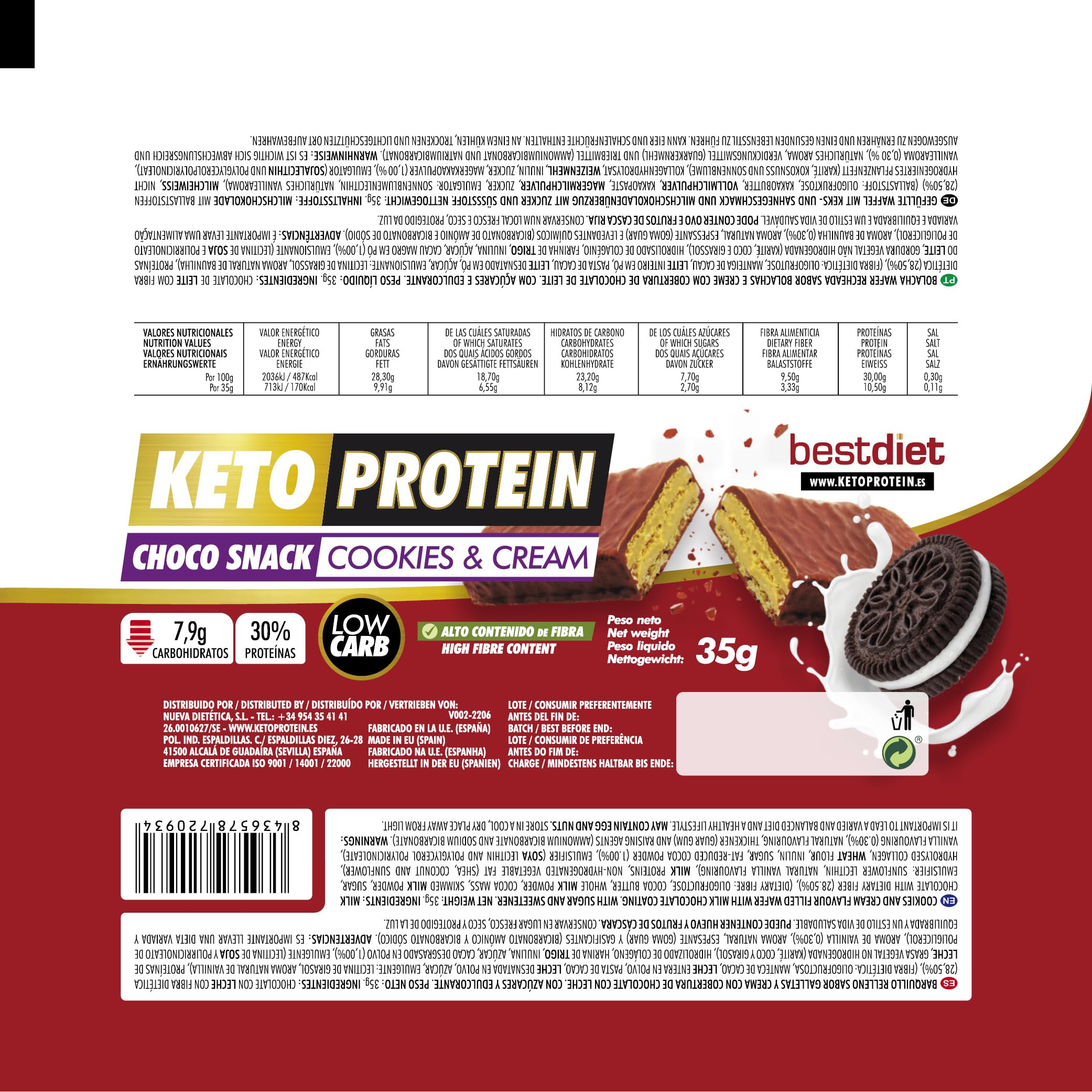 Barritas Proteina de Cookies & Cream 24 Uds - Barritas Energeticas Choco Snack - Snack Proteico Sabor Cookies & Cream, Bajo en Carbohidratos - Ideal Dieta Keto y Fitness – Bestdiet