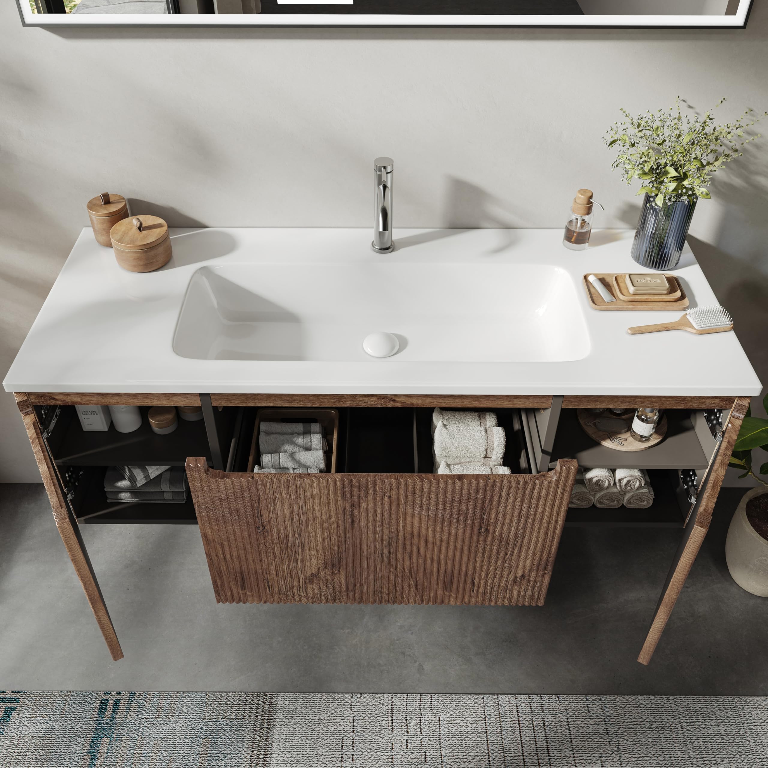 Meuble-Lavabo Mural De 120 cm avec Lavabo en Résine Minérale, Tiroir Et Porte, Ultra-Mince, Fermeture en Douceur, Accent Nervuré, Adapté Aux Grandes Salles De Bains, Forest Walnut