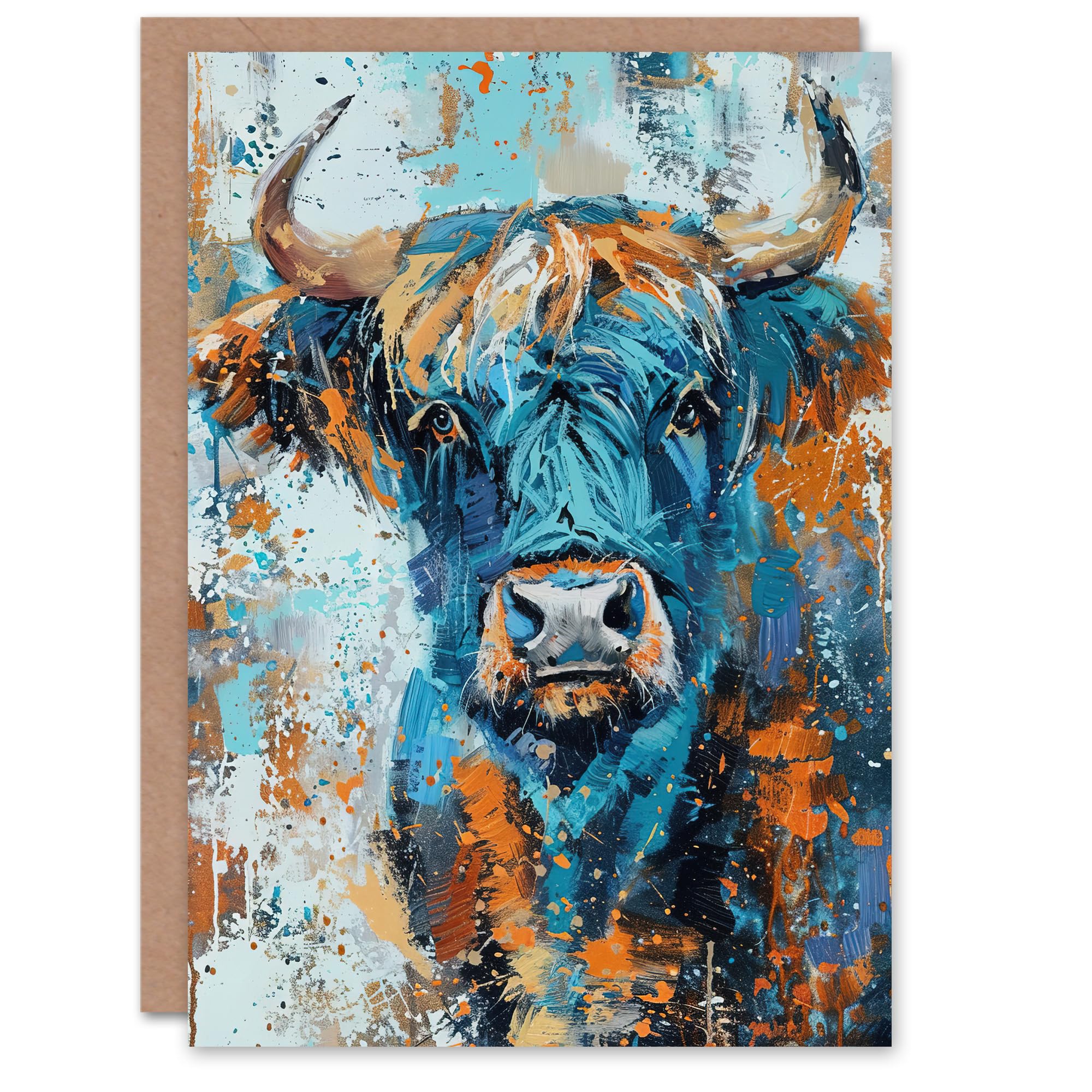 Artery8 Blue Highland Cow Oil Painting Scottish Animal Greeting Birthday Card Him Her All Blank