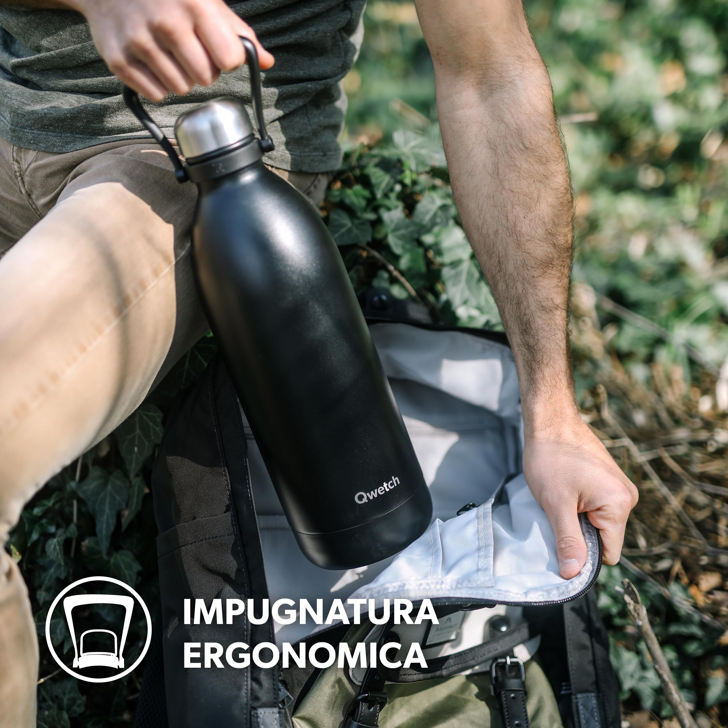 Qwetch - Borraccia Termica 2L in Acciaio Inox Spazzolato - 48h Freddo, 16h Caldo - Impermeabile, Senza BPA & Riutilizzabile - Bottiglia Termica con Manico per Sport, Trekking, Ufficio, Famiglia