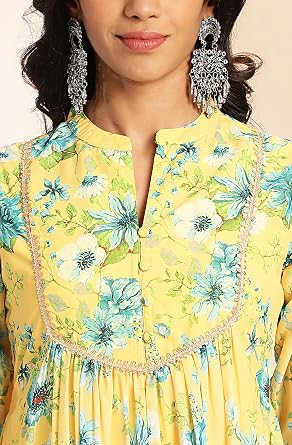 Janasya Indian Women's Georgette Yellow Floral Print Festive Wear Kurta Set for Women