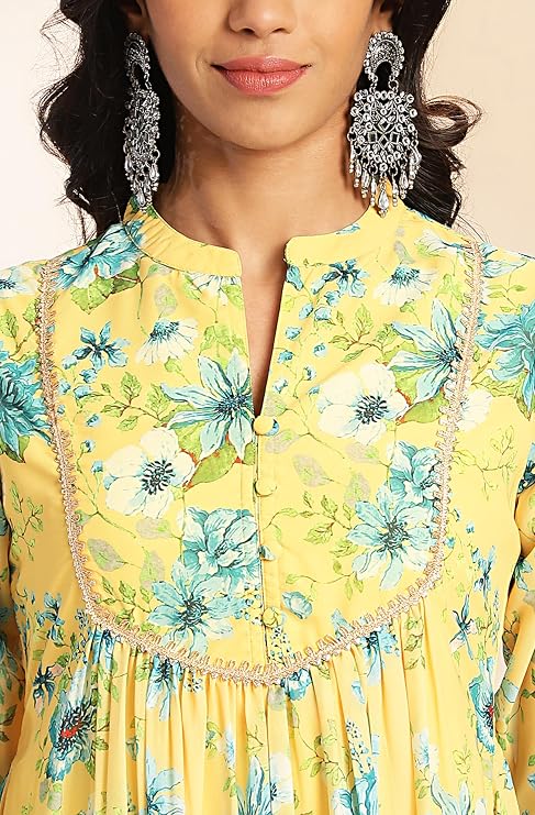 Janasya Indian Women's Georgette Yellow Floral Print Festive Wear Kurta Set for Women