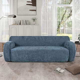 OPAHDN 81.5" Curved Design Compression Sofa, 3-Seater for Living Rooms and Bedrooms, Dark Blue, Ergonomic Comfort