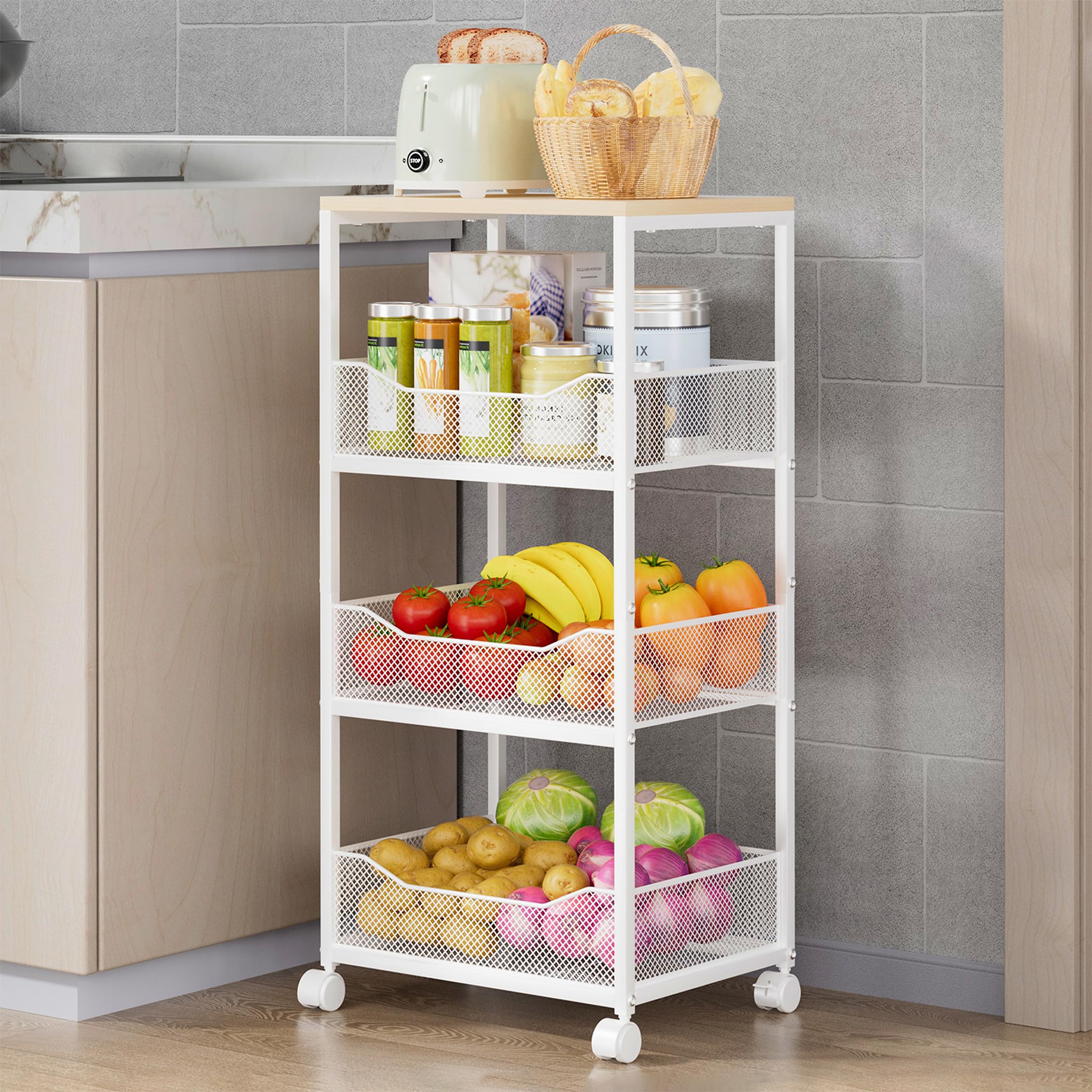 Photo 1 of HapiRm Fruit Basket Kitchen Cart - 4-Tier Rolling Storage Cart with Wheels, Wood Top Utility Pantry Cart for Vegetables, Potatoes, Onions, Bread, Snacks