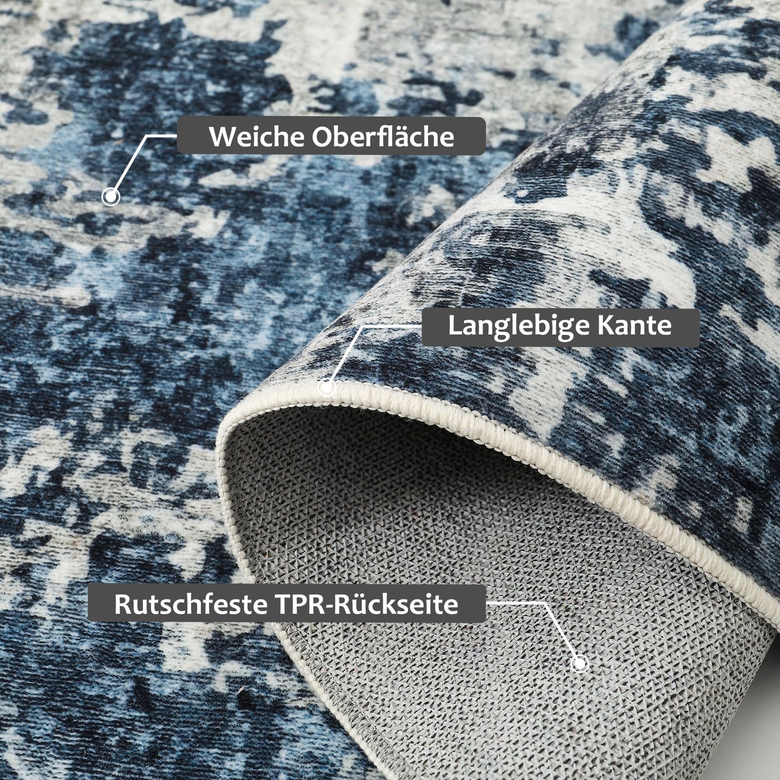 Tapis Salon Vintage 160x230 Cm - Bleu Chiné, Antidérapant, Lavable - Poils Courts Confortables