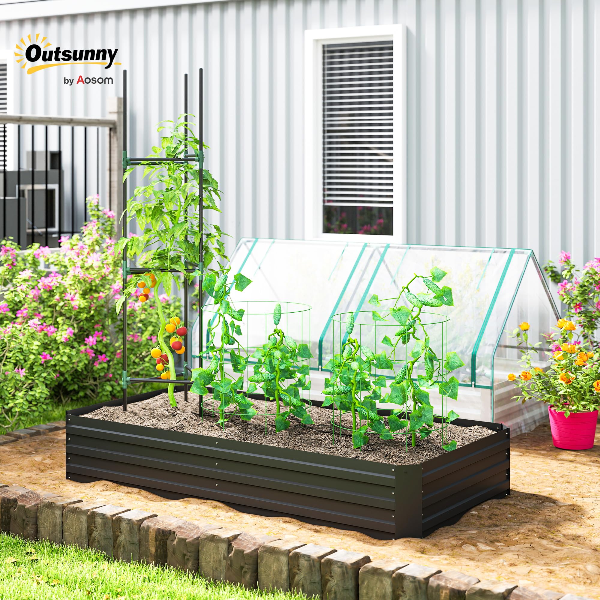 Outsunny Carré Potager Grande Capacité 180 x 90 x 29,5 cm Noir | Jardinière Rectangulaire, Acier Galvanisé, avec Tuteurs, pour Tomates et Plantes Grimpantes