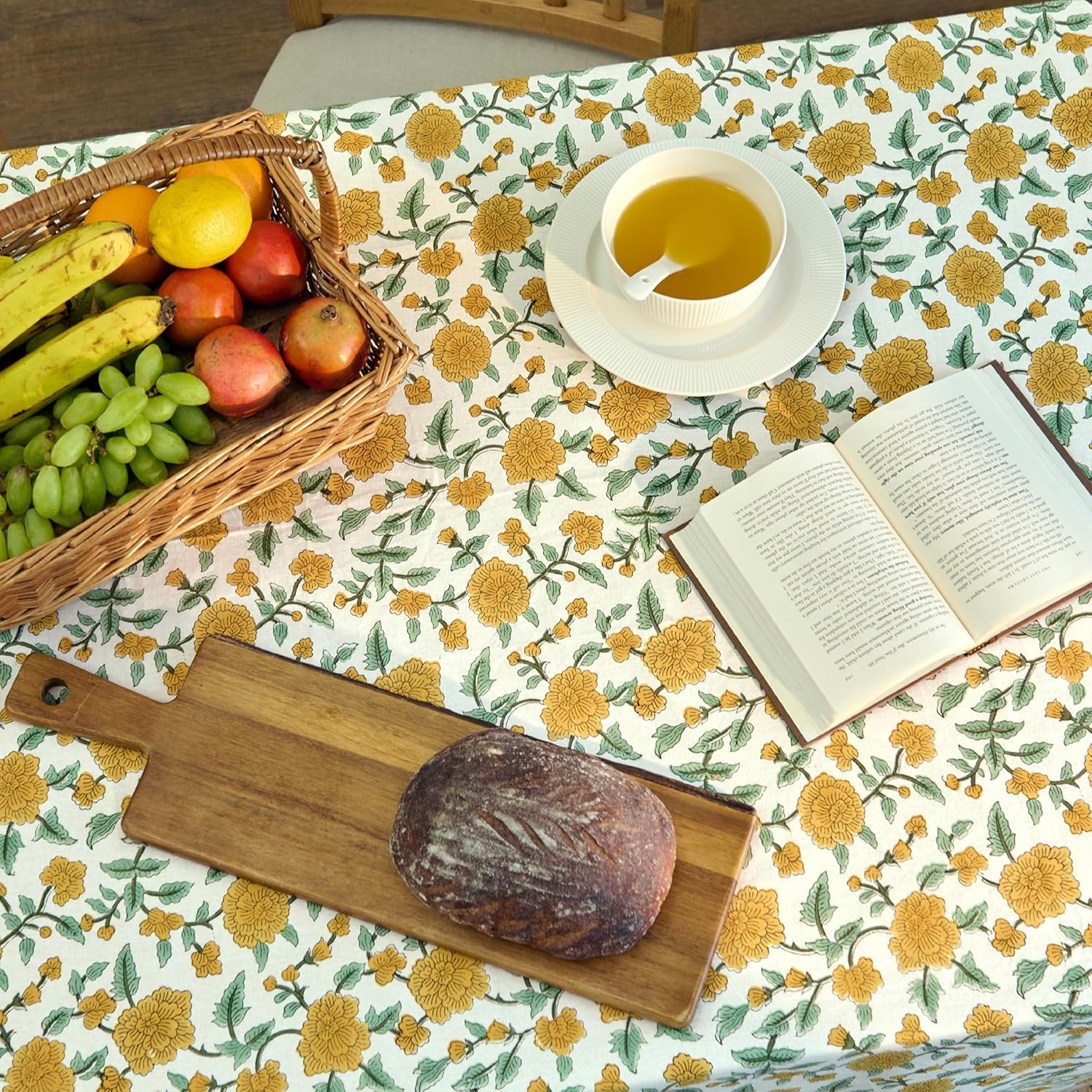 Encasa XO Rectangular Tablecloth 60"x90" 7.5 ft Yellow Jaipuri Block Print Cotton Dining Table Cloth | Handcrafted Floral tablecloths – Machine Washable for Indoor, Outdoor, Everyday Use