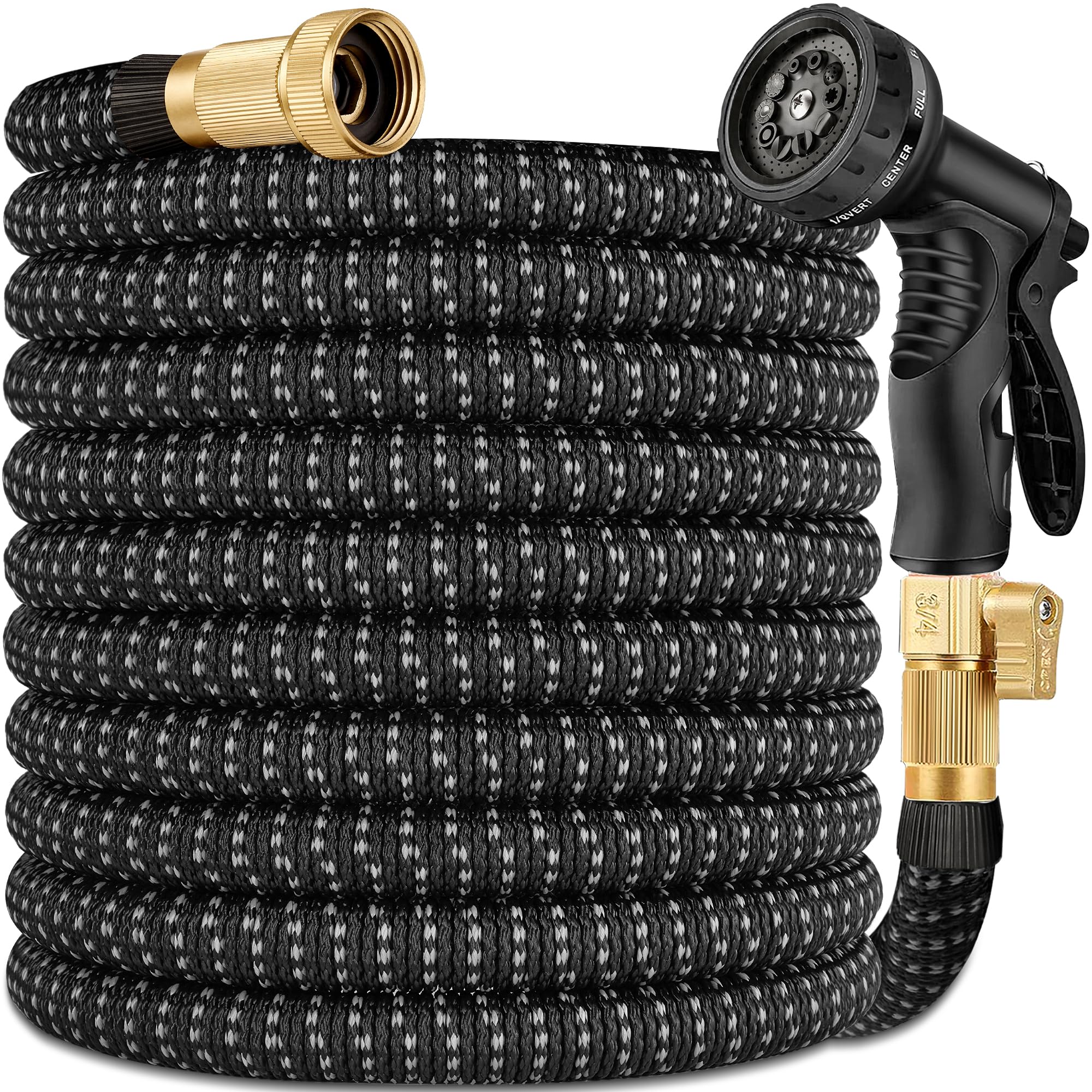 Photo 1 of 100 ft Expandable Garden Hose - All New 2026 Retractable Water Hose with 3/4" Solid Brass Fittings, Extra Strength Fabric - Flexible Expanding Hose with 10 Pattern Spray Nozzle