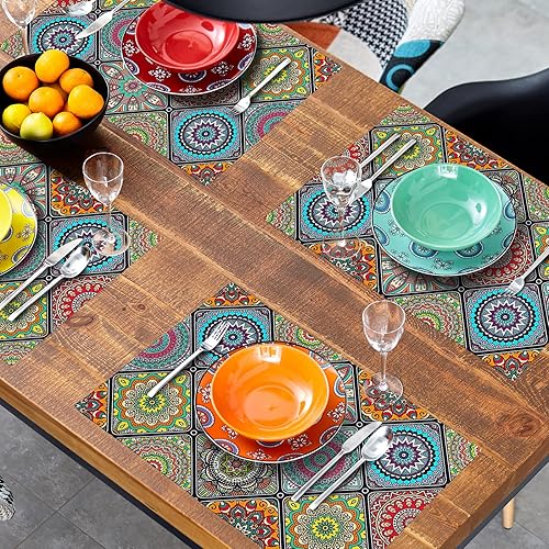 Miniatura 8 de Giwawa Juego de 4 manteles individuales con diseño tradicional étnico mexicano con cuadros geométricos, flores bohemias, lavables, juego de 4