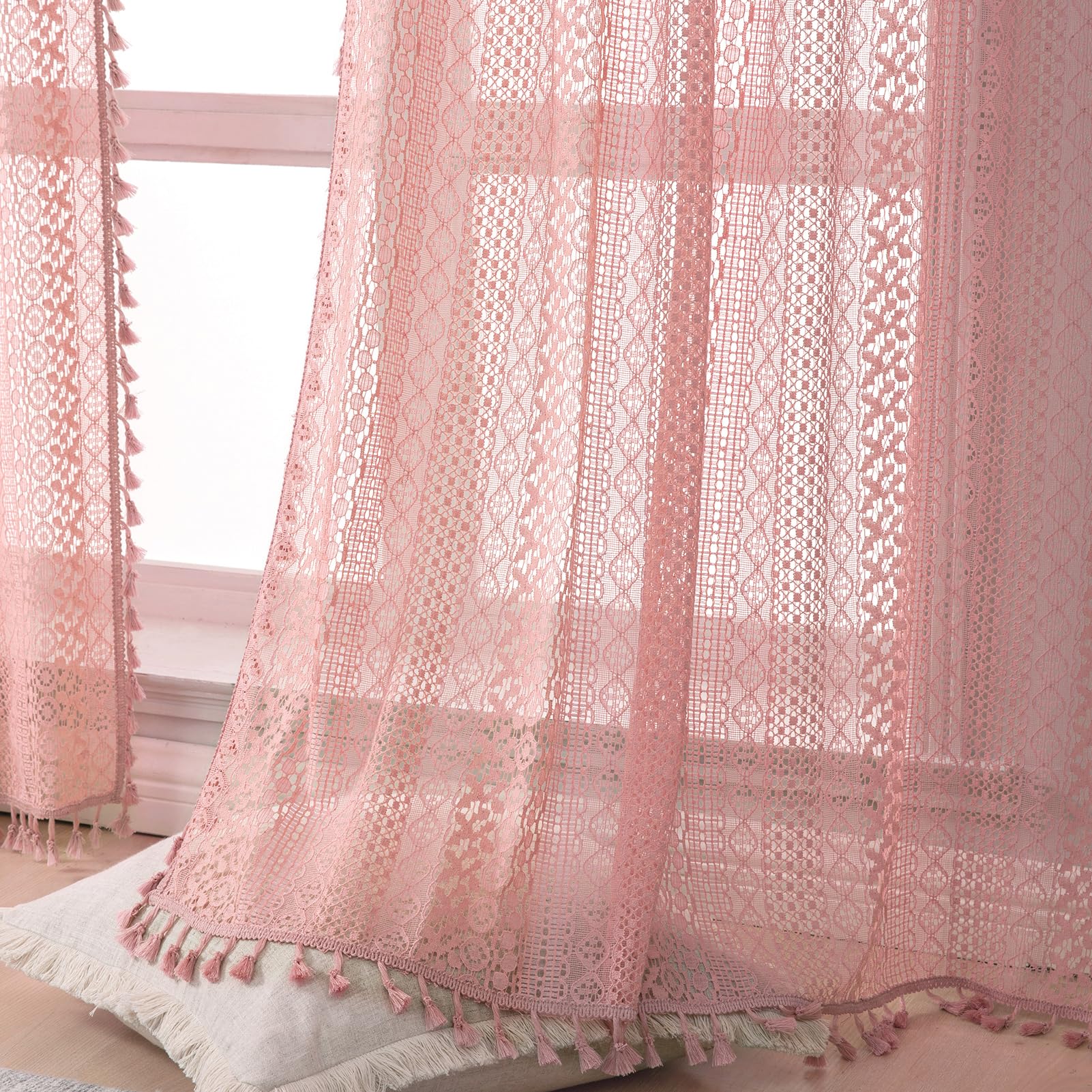 WAZZIO Boho Lace Curtains 84 Inches 2 Panel,Light Filtering
